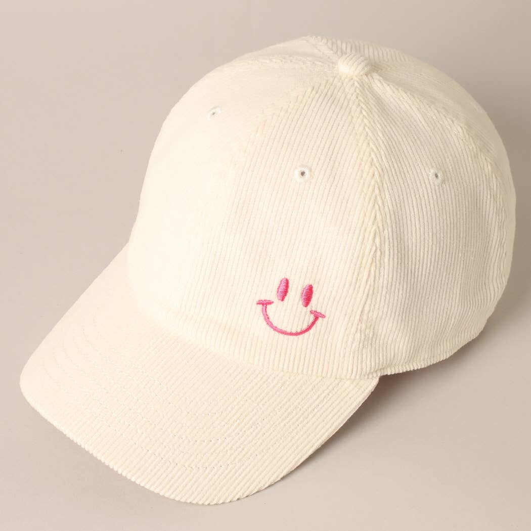 Cute Mini Happy Face Embroidered Baseball Cap-white