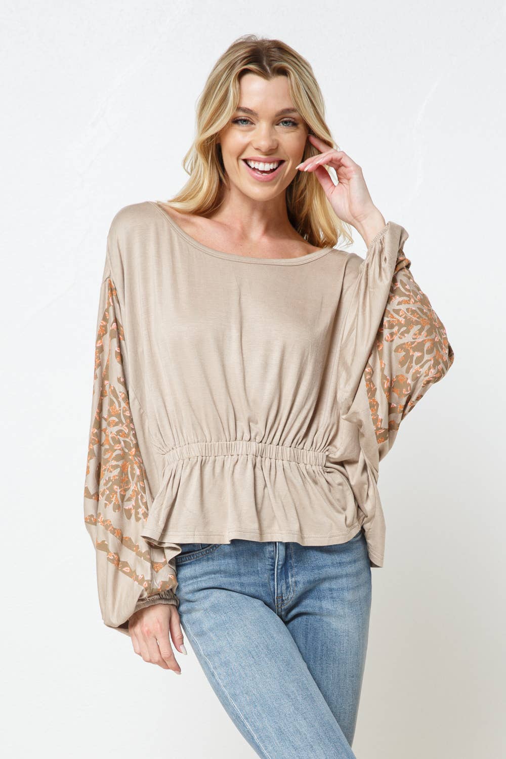 Soft Jersey Shirred Front Printed Dolman Top