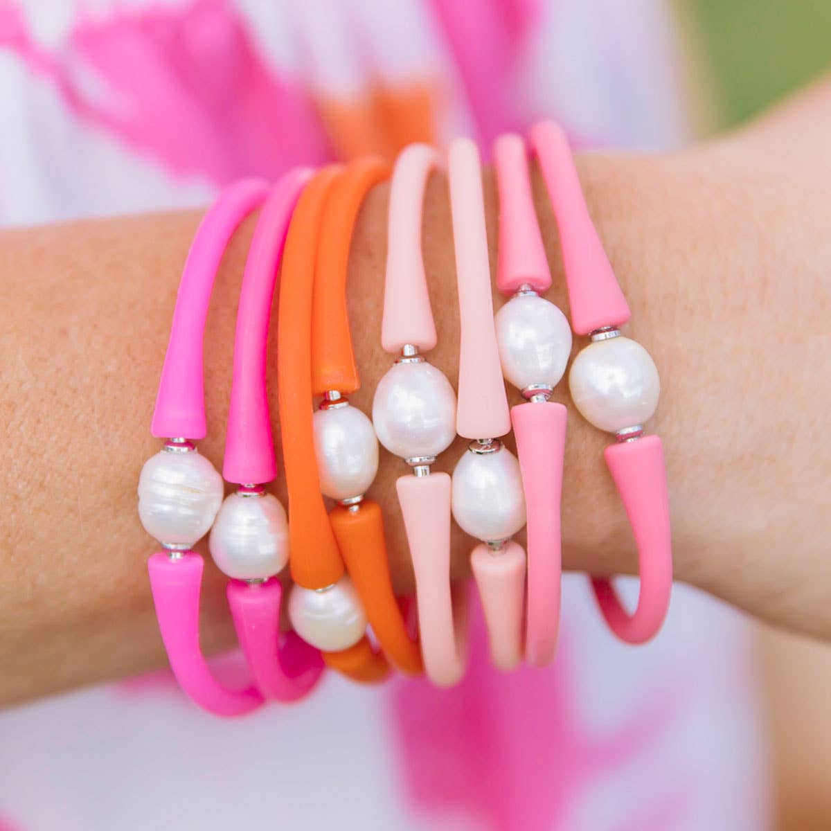 Bali Freshwater Pearl Silicone Bracelet-coral