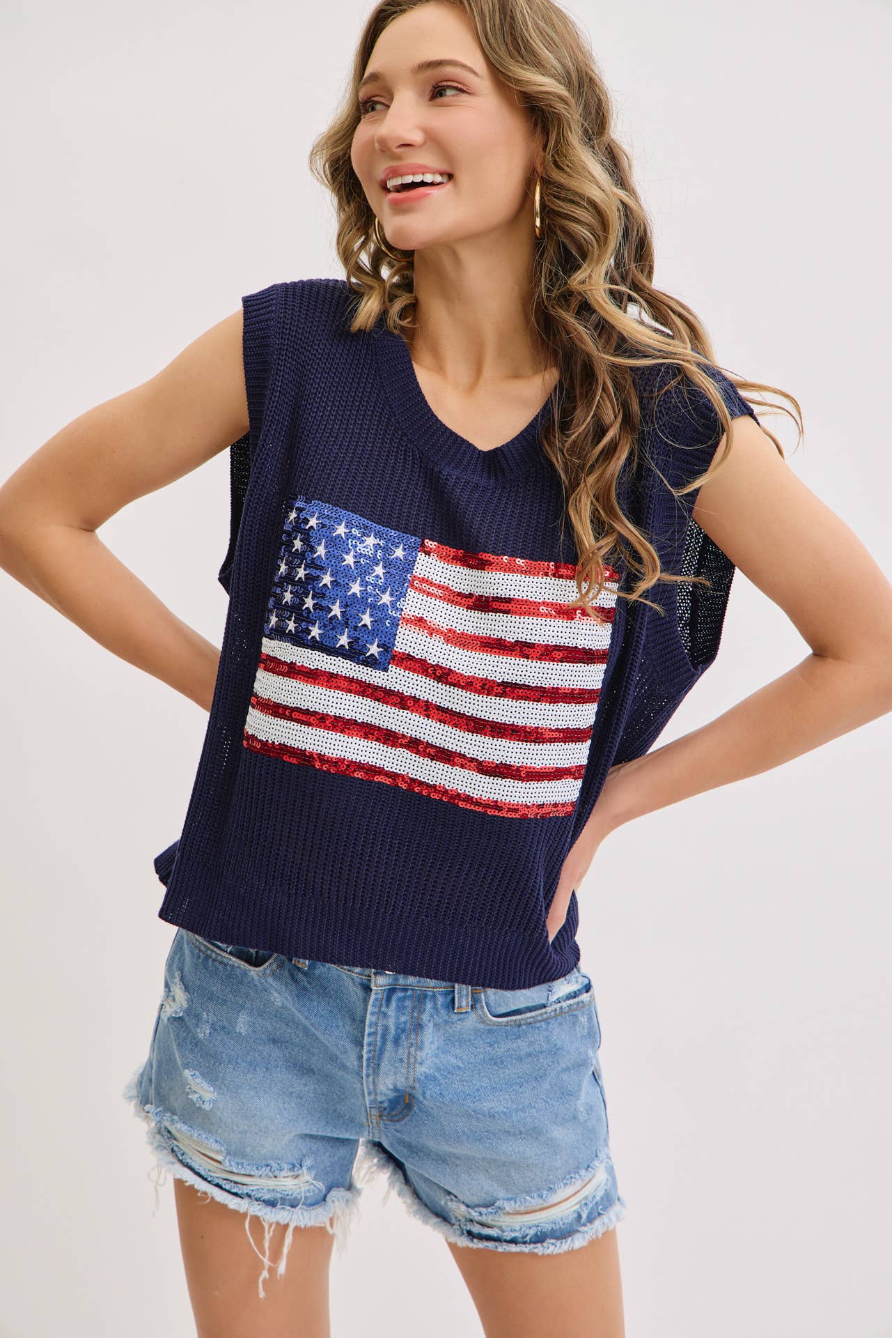 STAR AND STRIPES AMERICAN FLAG KNIT TOP IN SEQUIN
