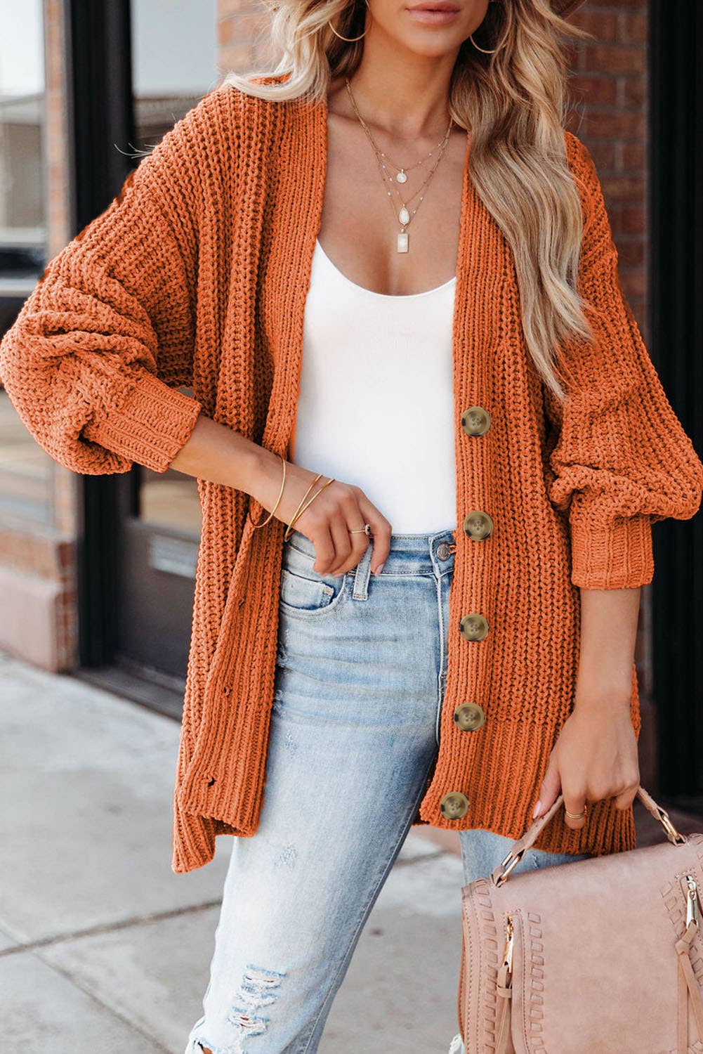 Button Front V Neck Chunky Cardigan Sweate