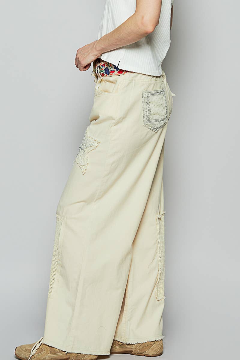 Vintage washed crochet star patch solid pants