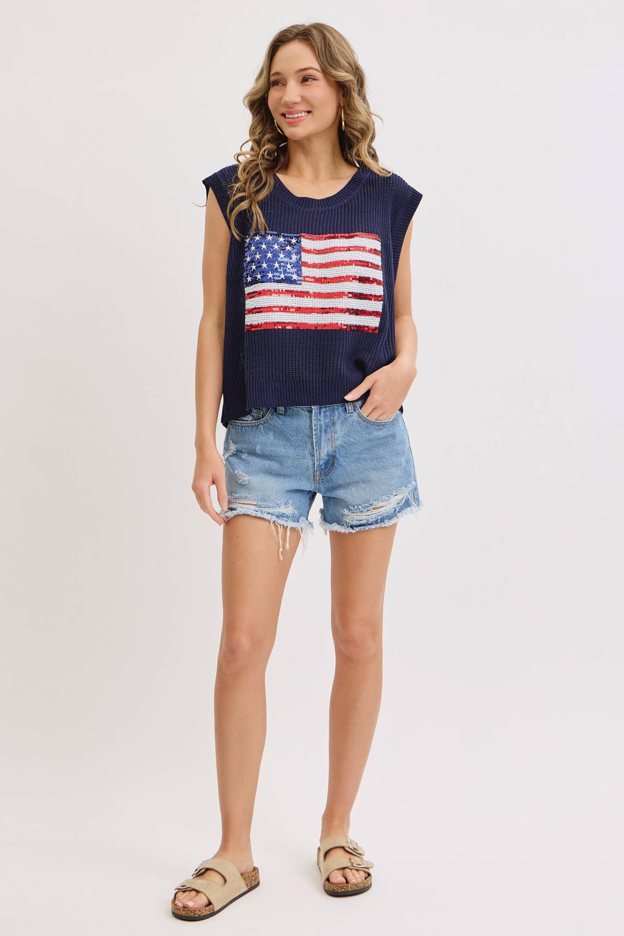 STAR AND STRIPES AMERICAN FLAG KNIT TOP IN SEQUIN