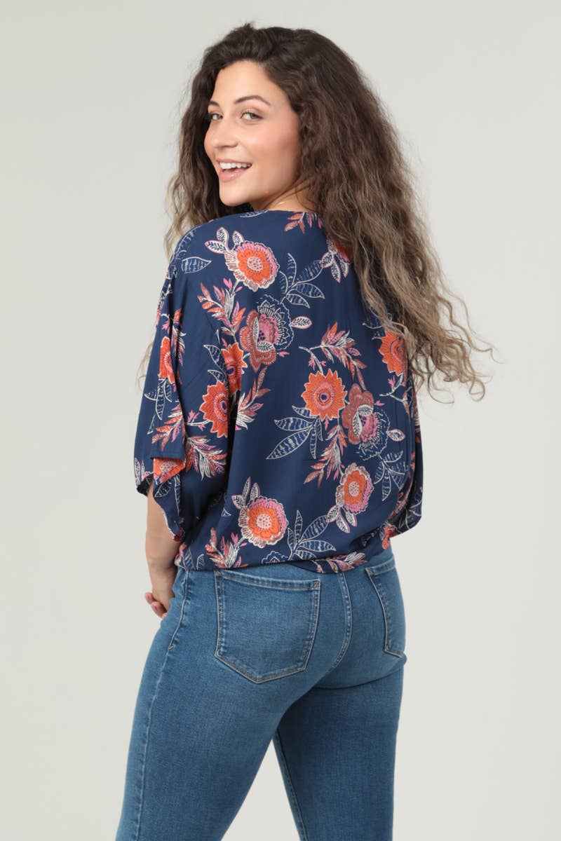 V NECK KIMONO SLEEVE TIE WAIST TOP