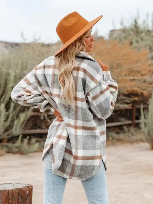 Gray Plaid Button Flannel Shirt Jacket