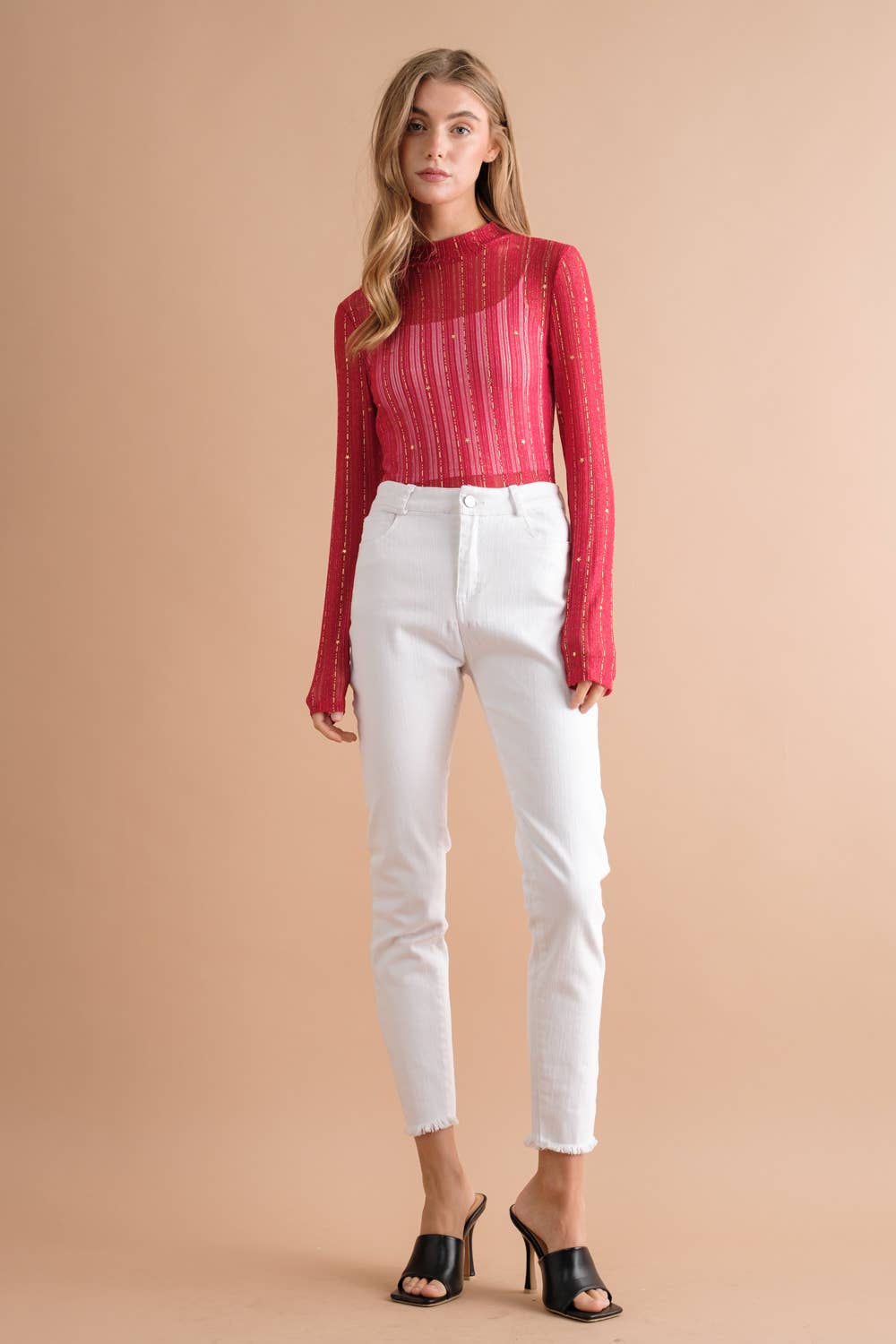 Metallic Star Stripe Mesh Mock Neck Layering Top