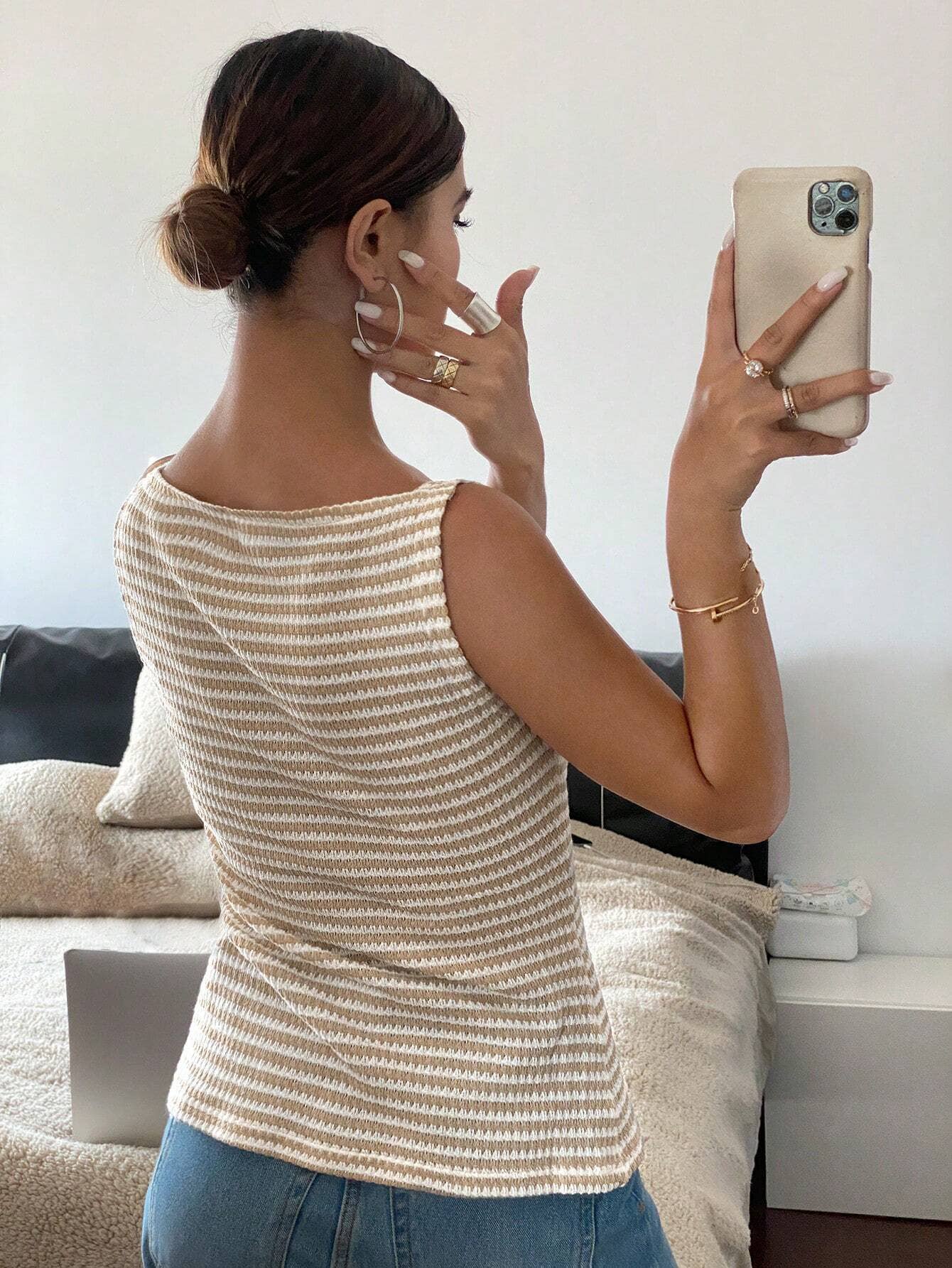Button-Front Sleeveless Tank Top