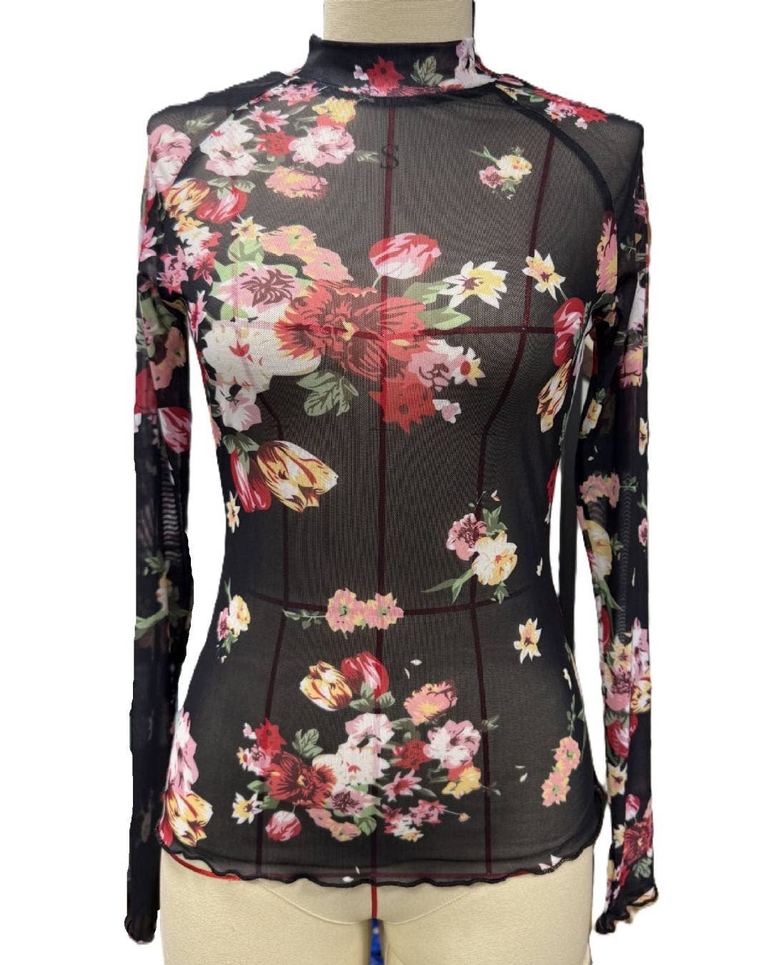 Floral Print Mock Neck Sheer Mesh Top