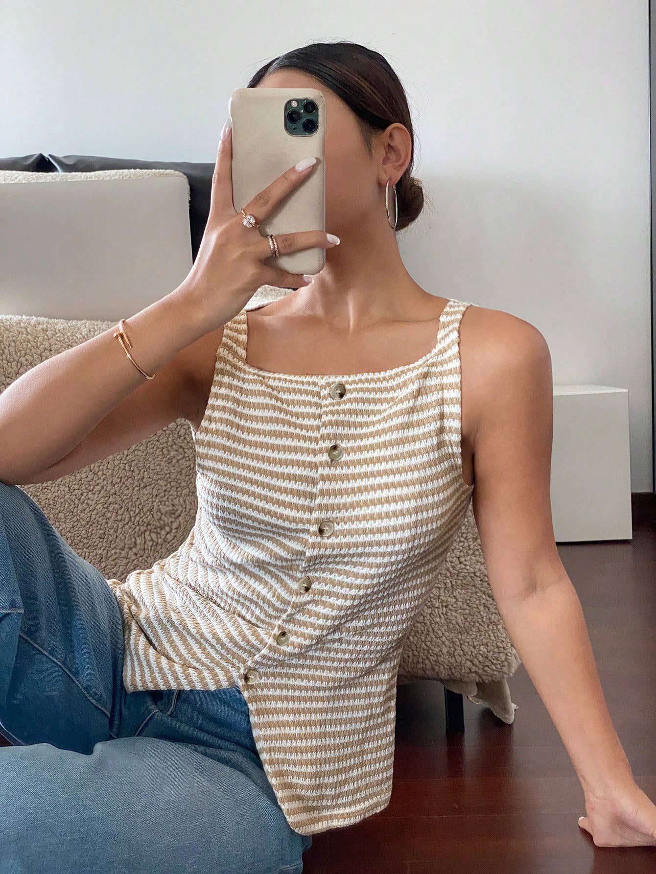Button-Front Sleeveless Tank Top