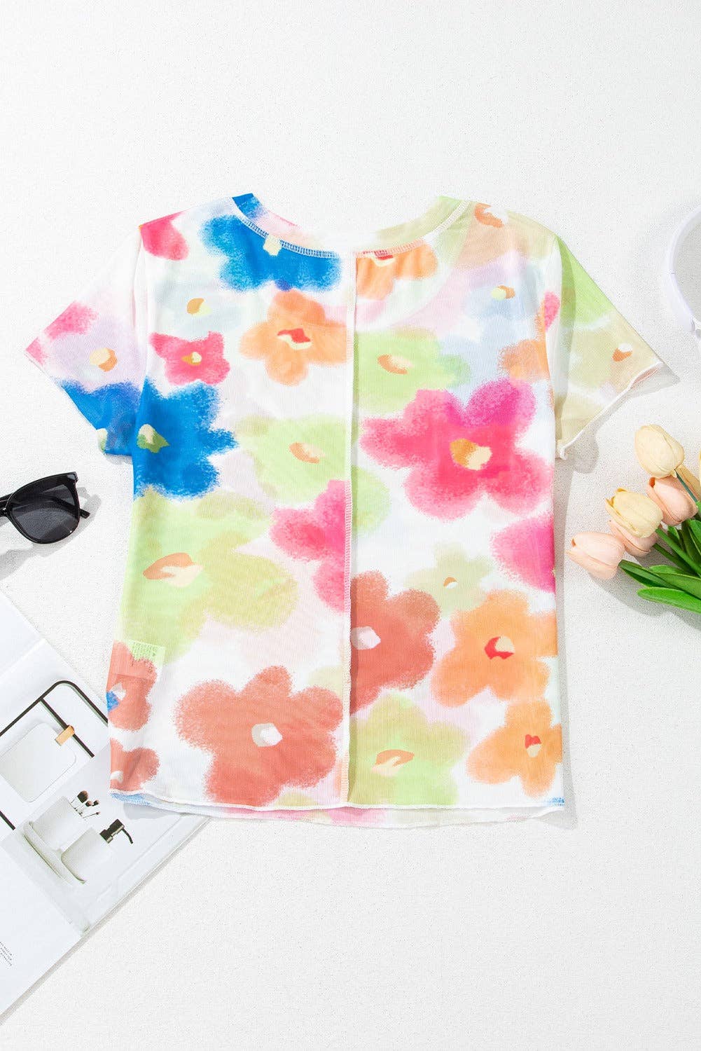 Multicolour Floral Mesh Lettuce Trim Cropped shirt