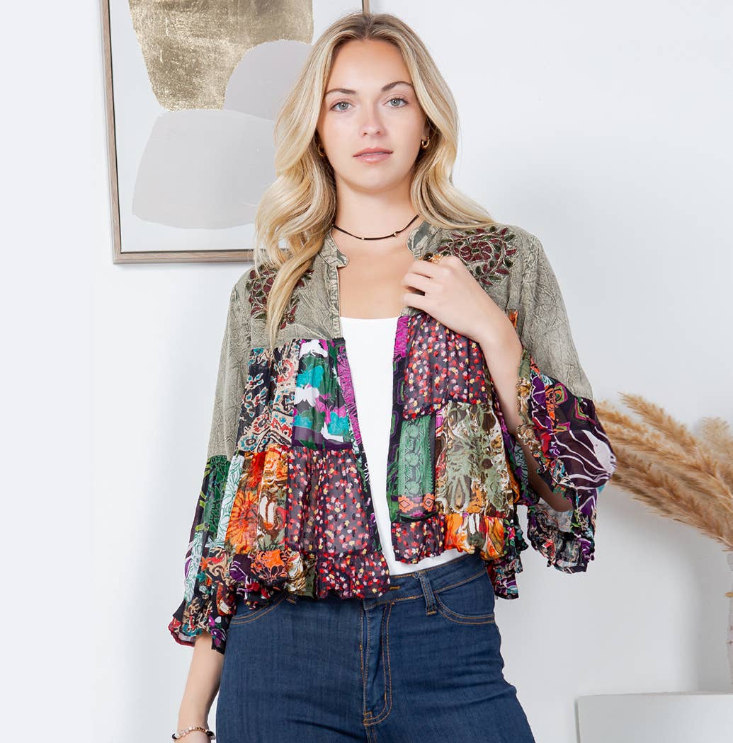 Vintage Bohemian : Tiered Patchwork Cropped Cardigan