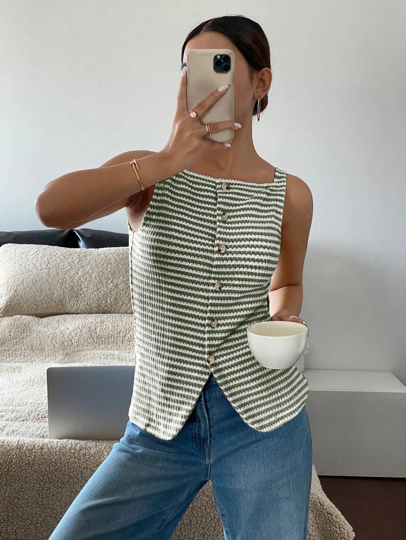 Button-Front Sleeveless Tank Top
