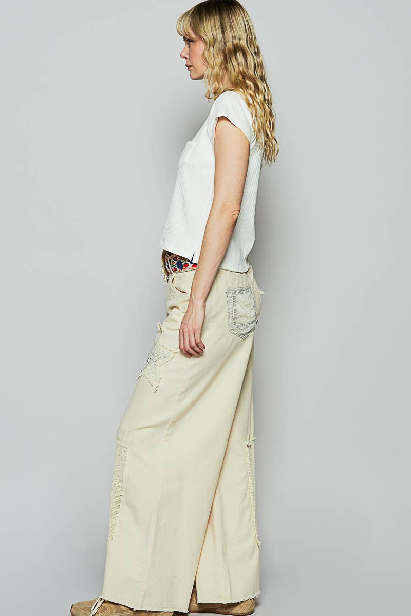 Vintage washed crochet star patch solid pants