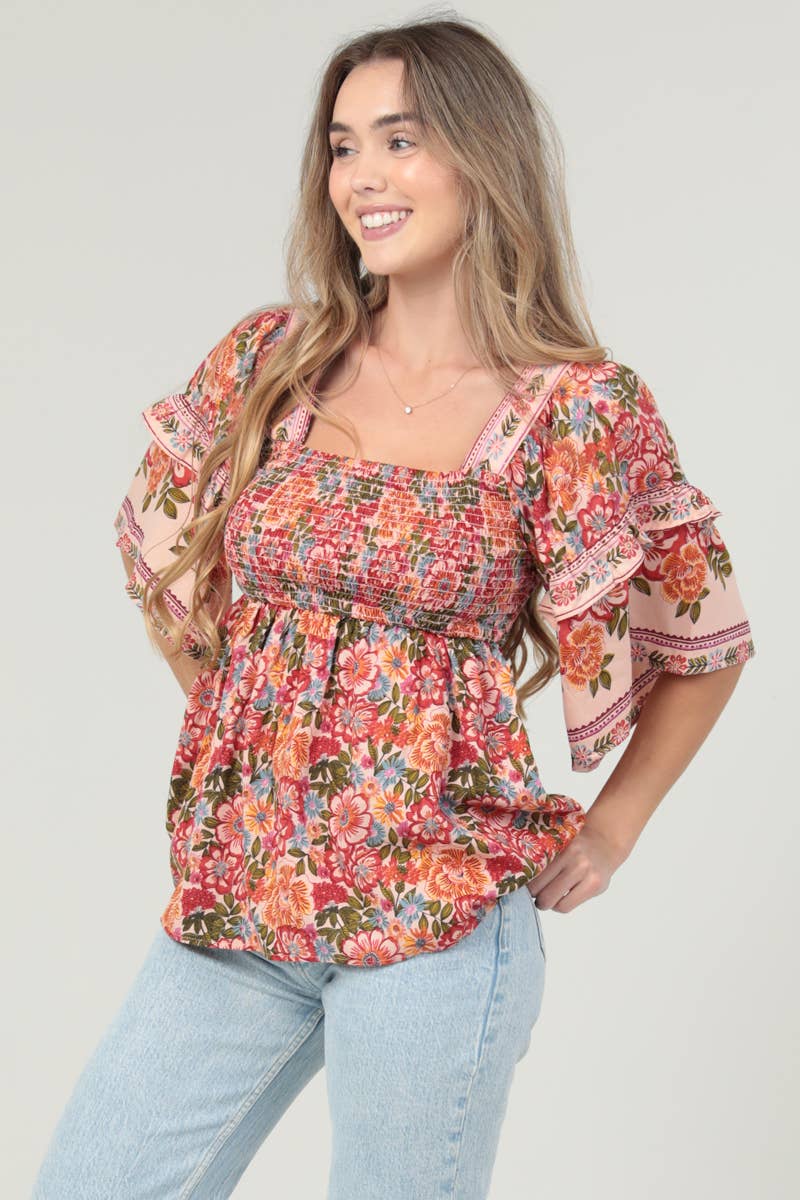 SQUARE NECK RUFFLE SLEEVE PRINTED BLOUSE