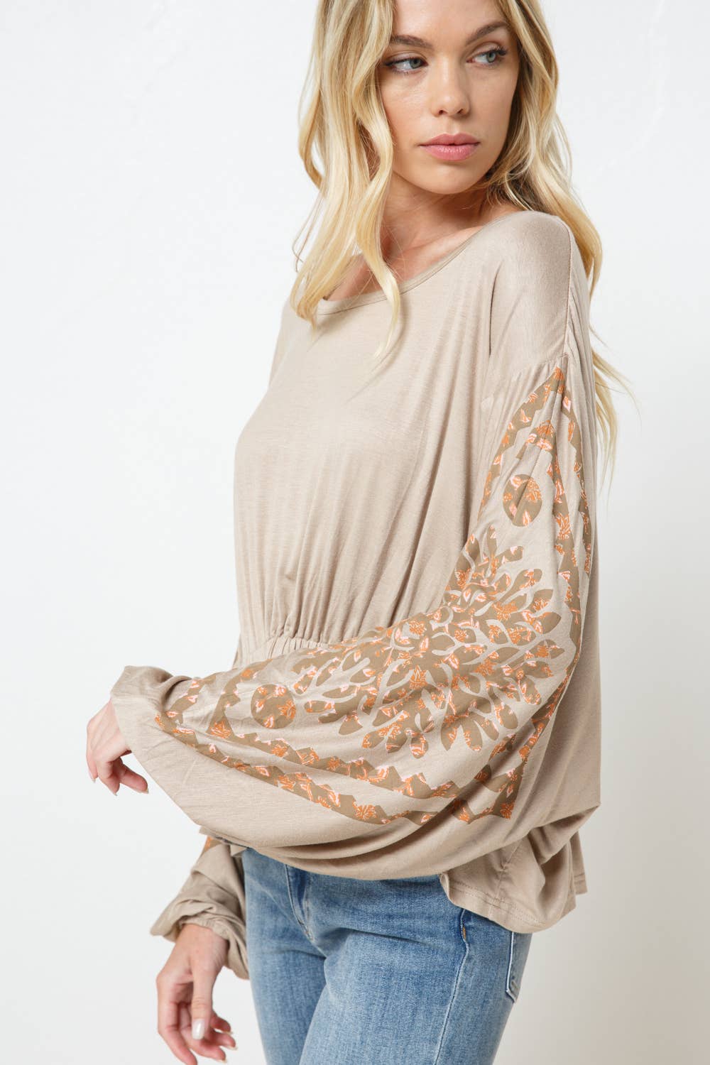 Soft Jersey Shirred Front Printed Dolman Top
