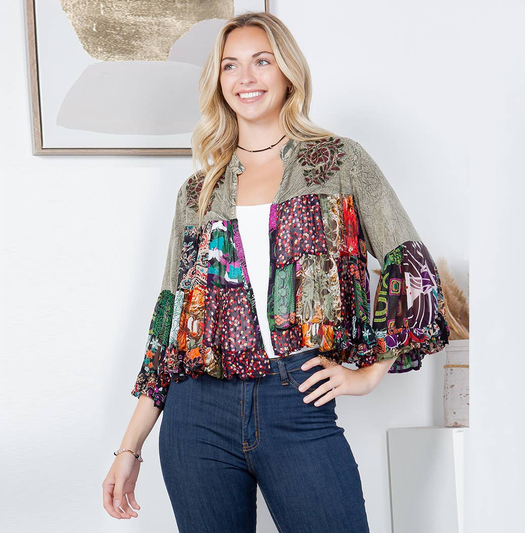 Vintage Bohemian : Tiered Patchwork Cropped Cardigan