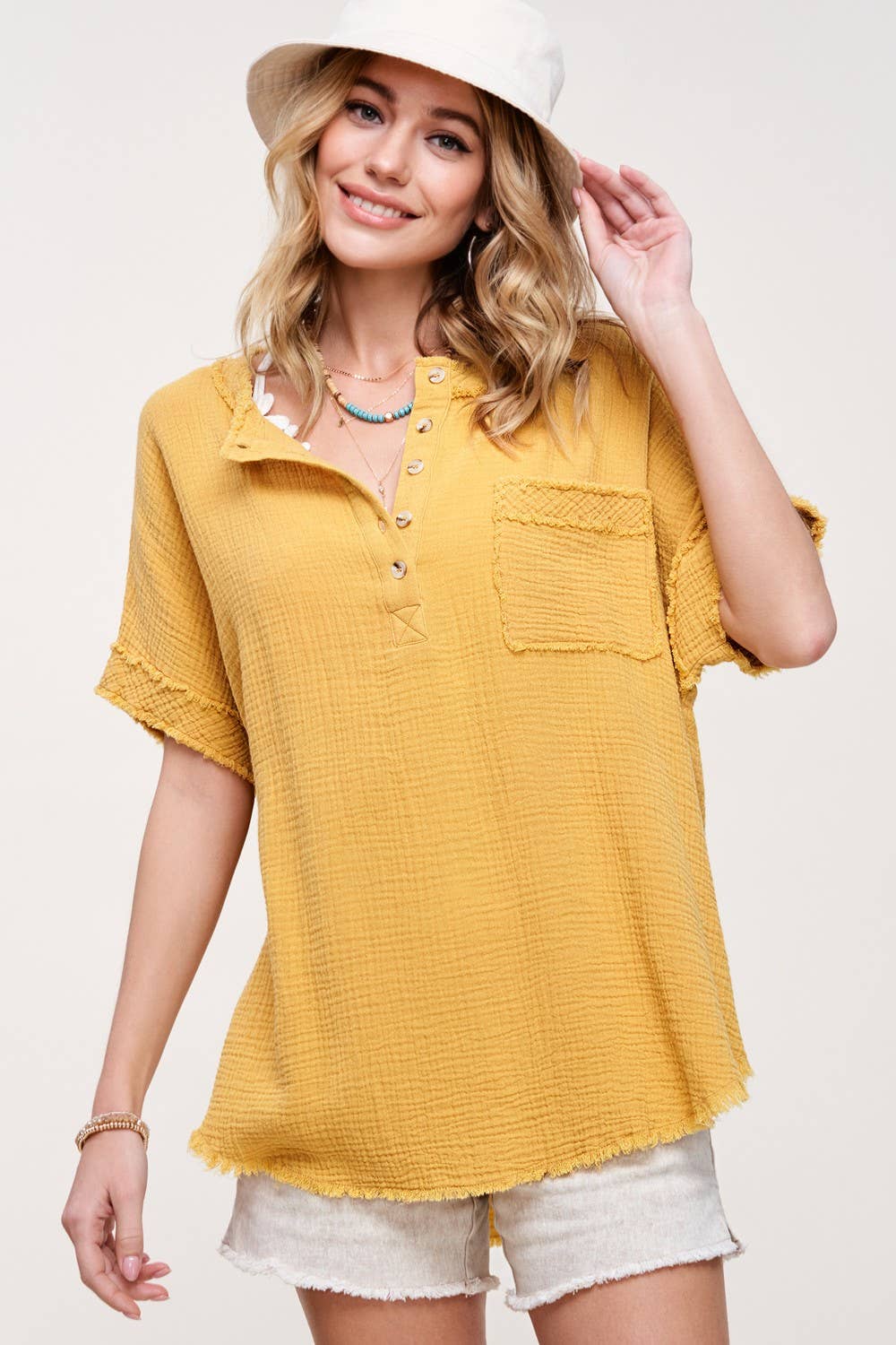 Loose Fit Gauze Button Front Short Sleeve Top