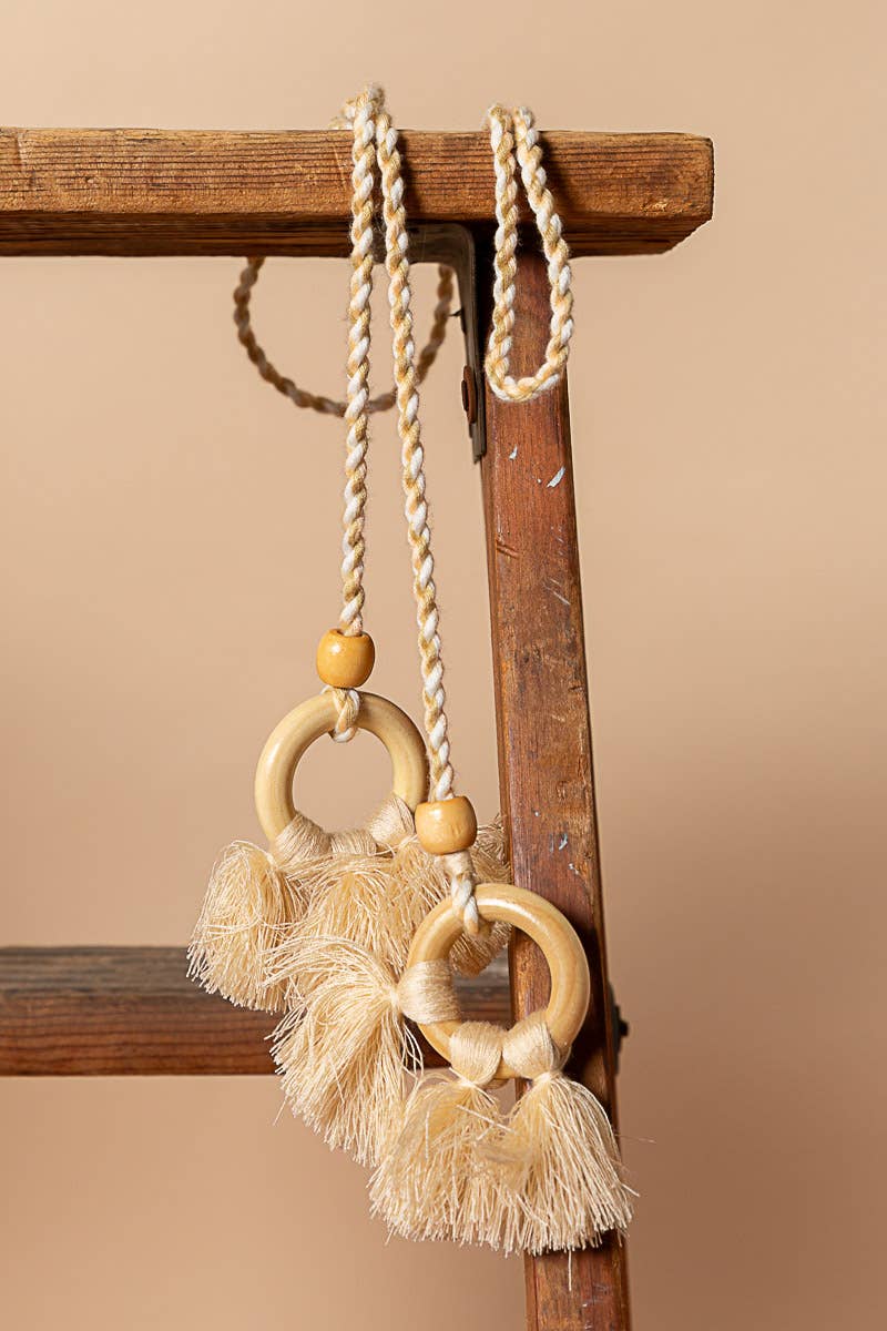 Wrapped wooden ring tassel braided string belt