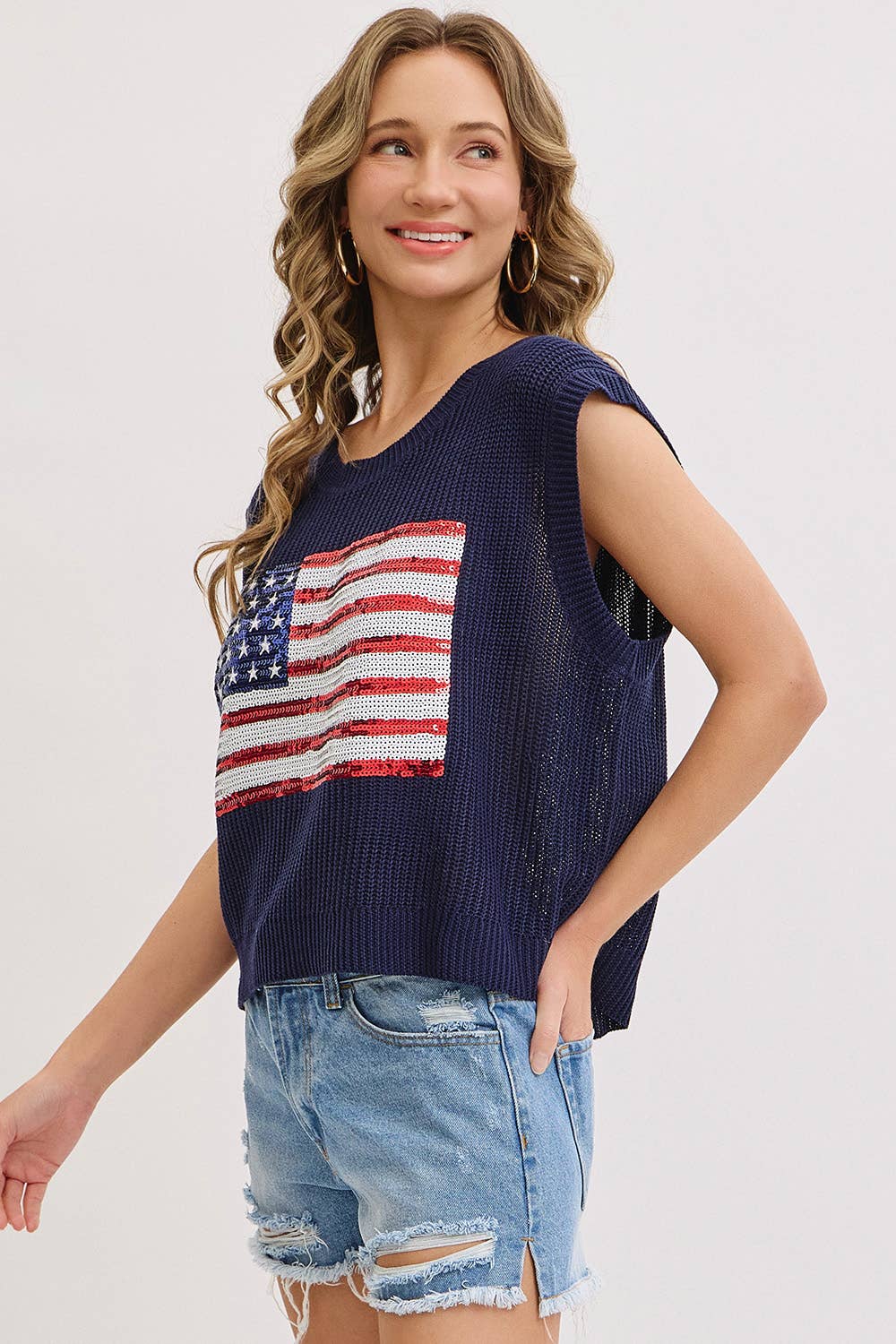 STAR AND STRIPES AMERICAN FLAG KNIT TOP IN SEQUIN
