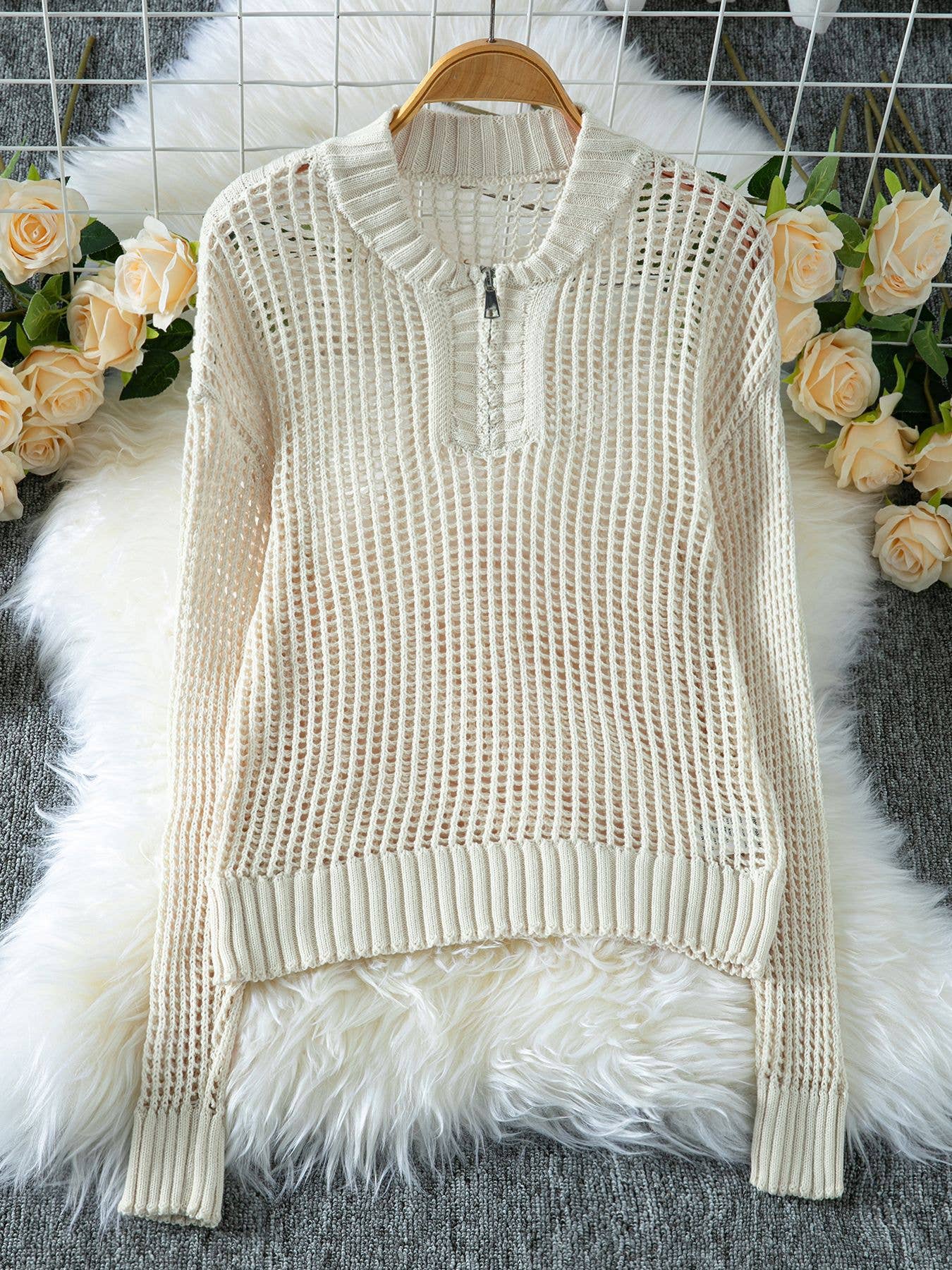 Zip Neck Hollow Out Knit Pullover Sweater