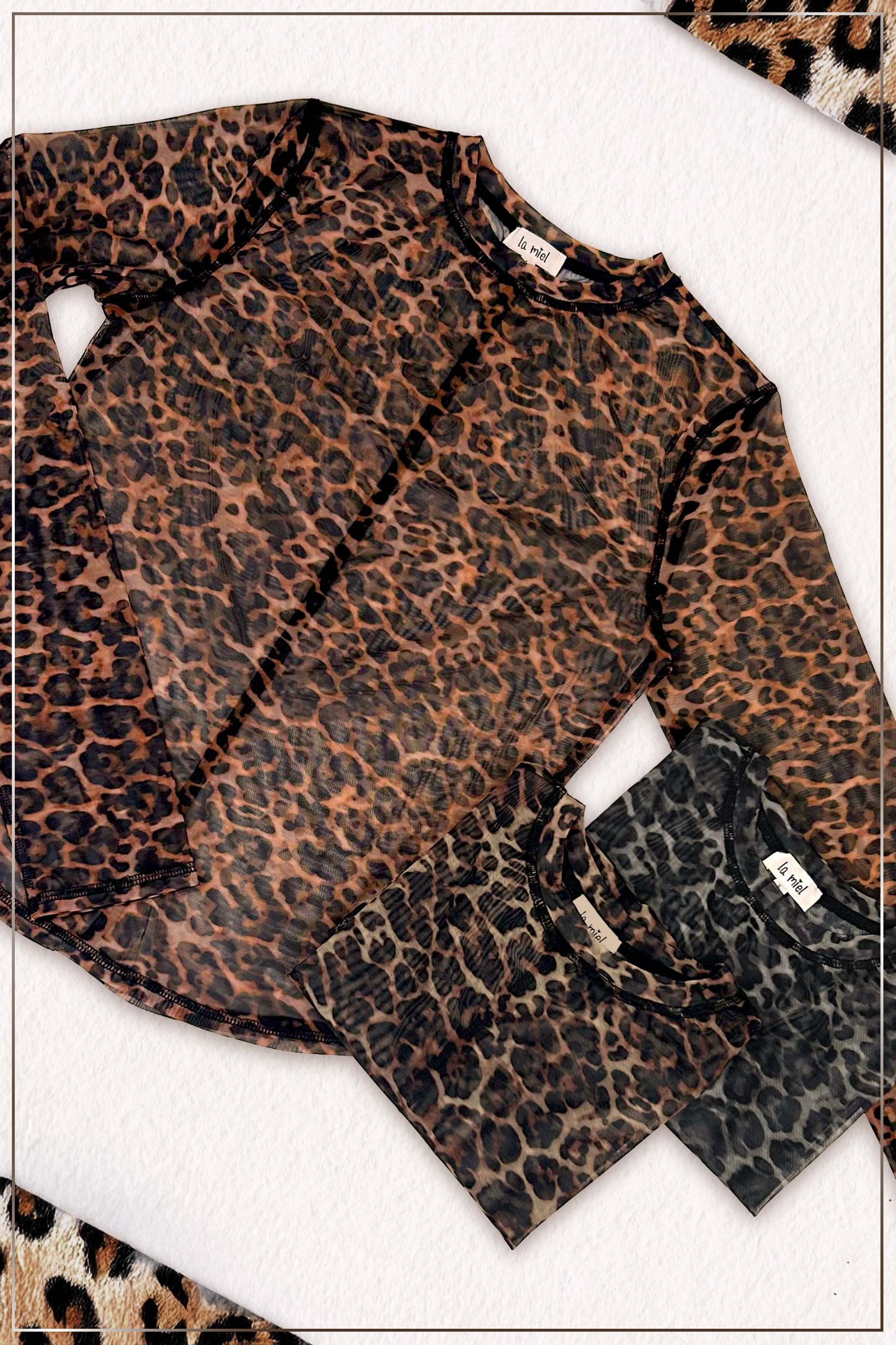 -Semi Sheer Leopard Printed Long Sleeve Mesh Top