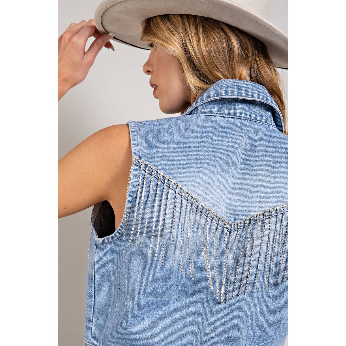 CROP DENIM VEST WITH RHINESTONE FRINGE
