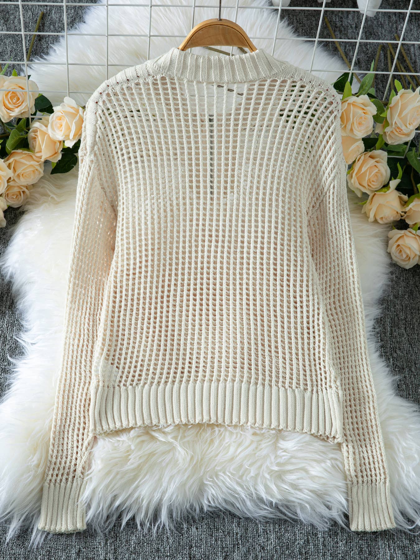 Zip Neck Hollow Out Knit Pullover Sweater