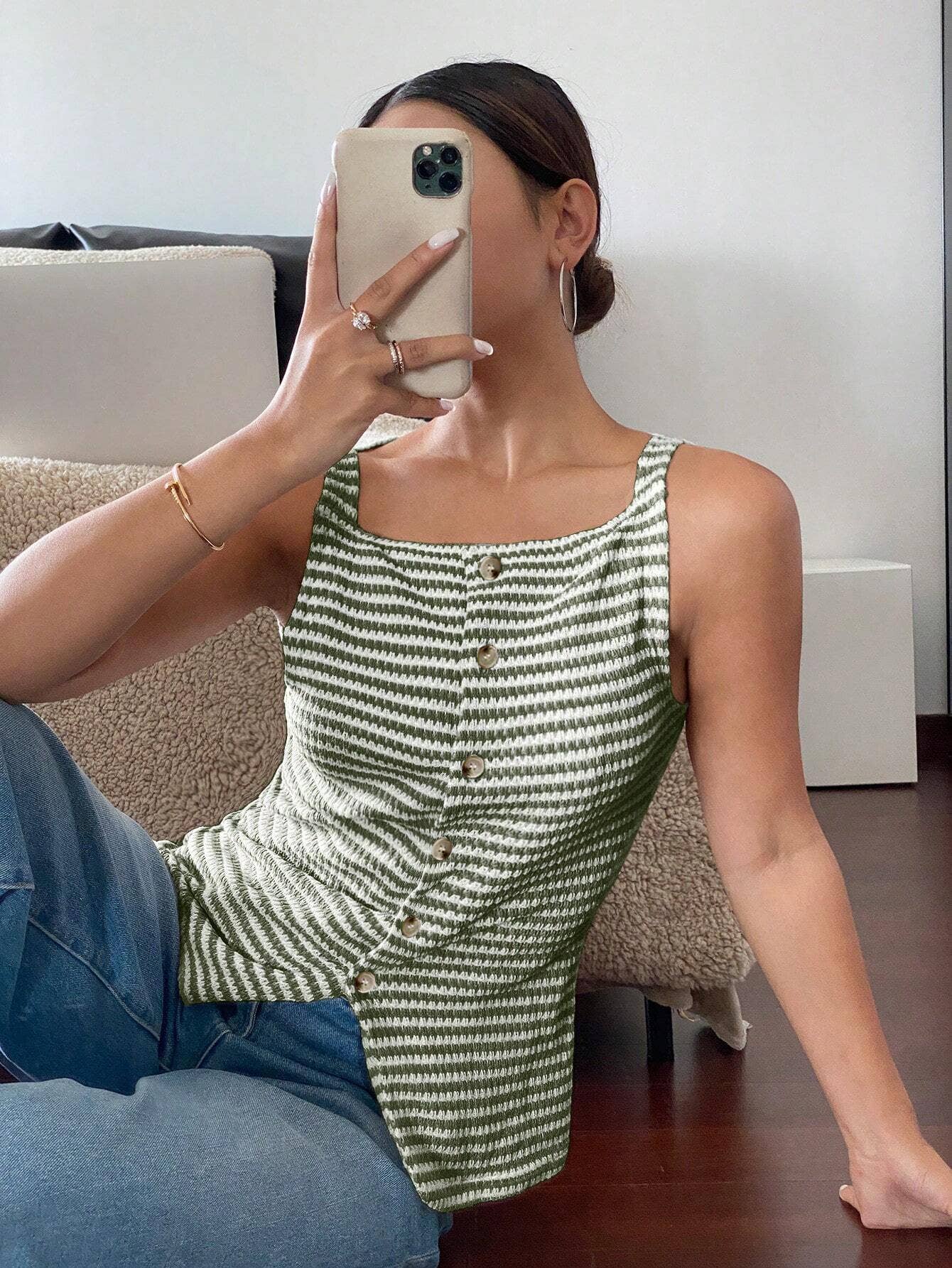 Button-Front Sleeveless Tank Top
