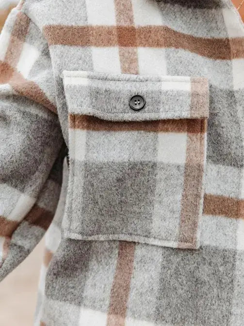 Gray Plaid Button Flannel Shirt Jacket