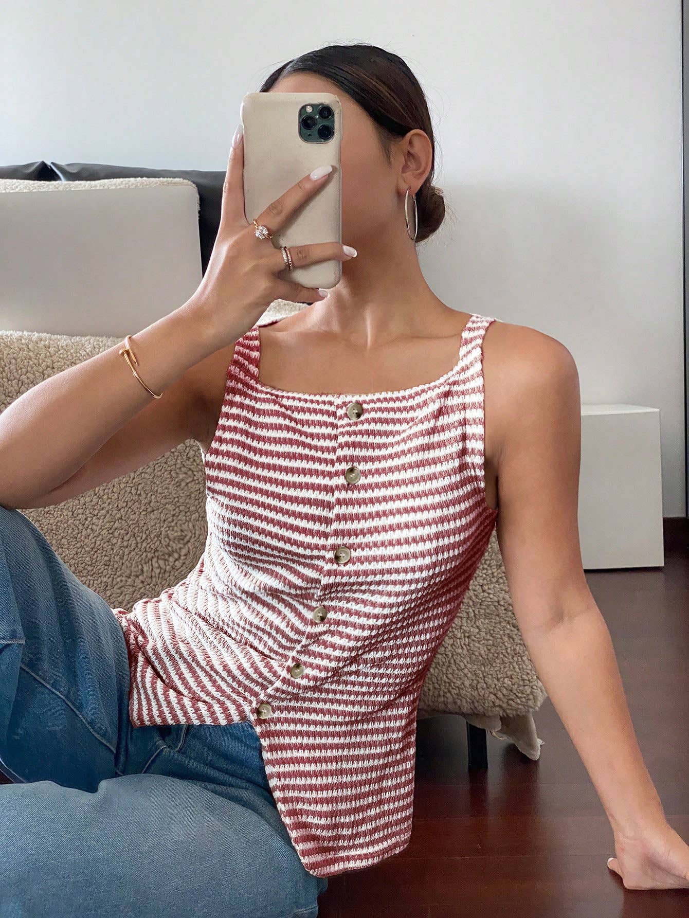 Button-Front Sleeveless Tank Top
