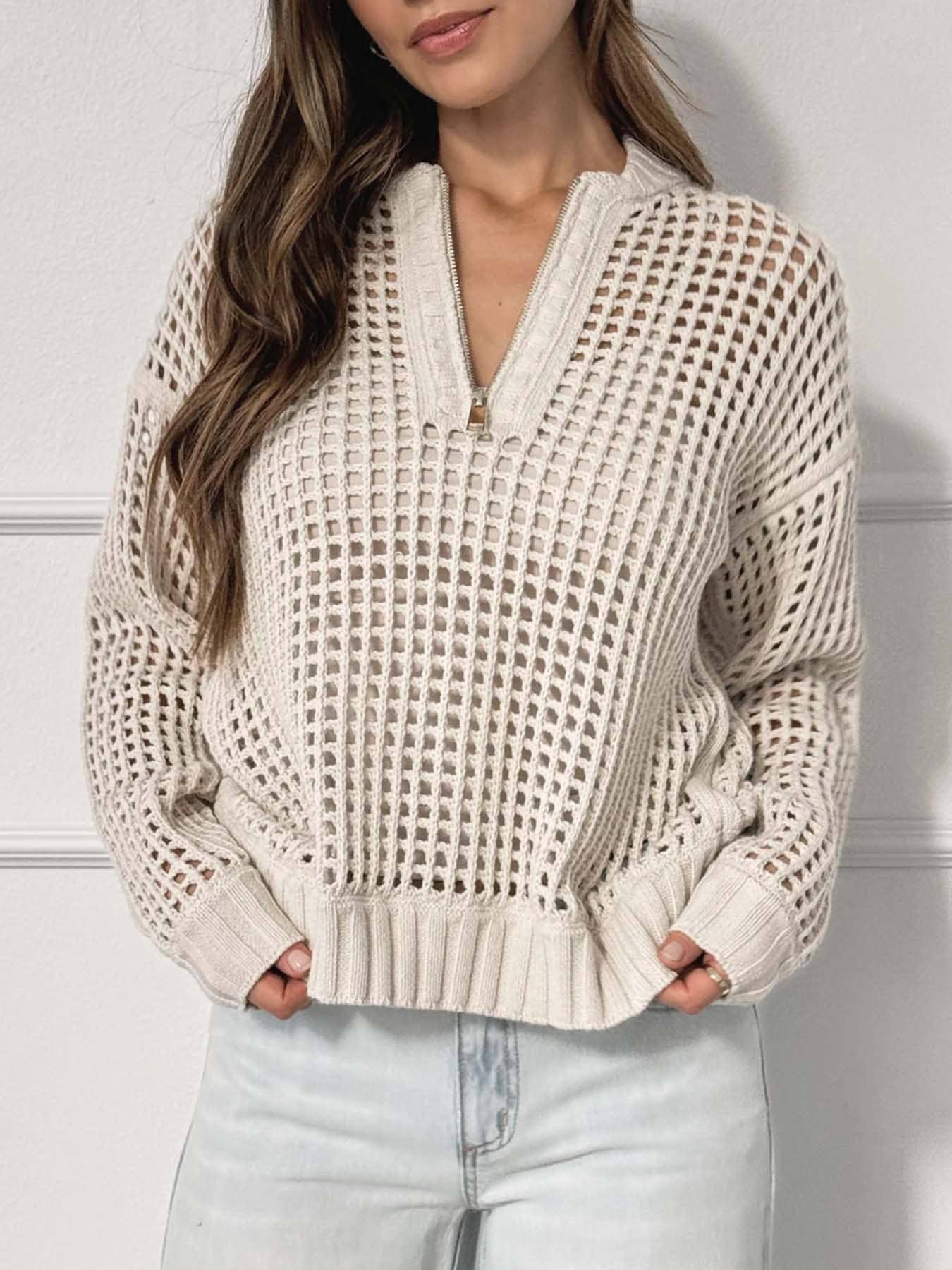 Zip Neck Hollow Out Knit Pullover Sweater