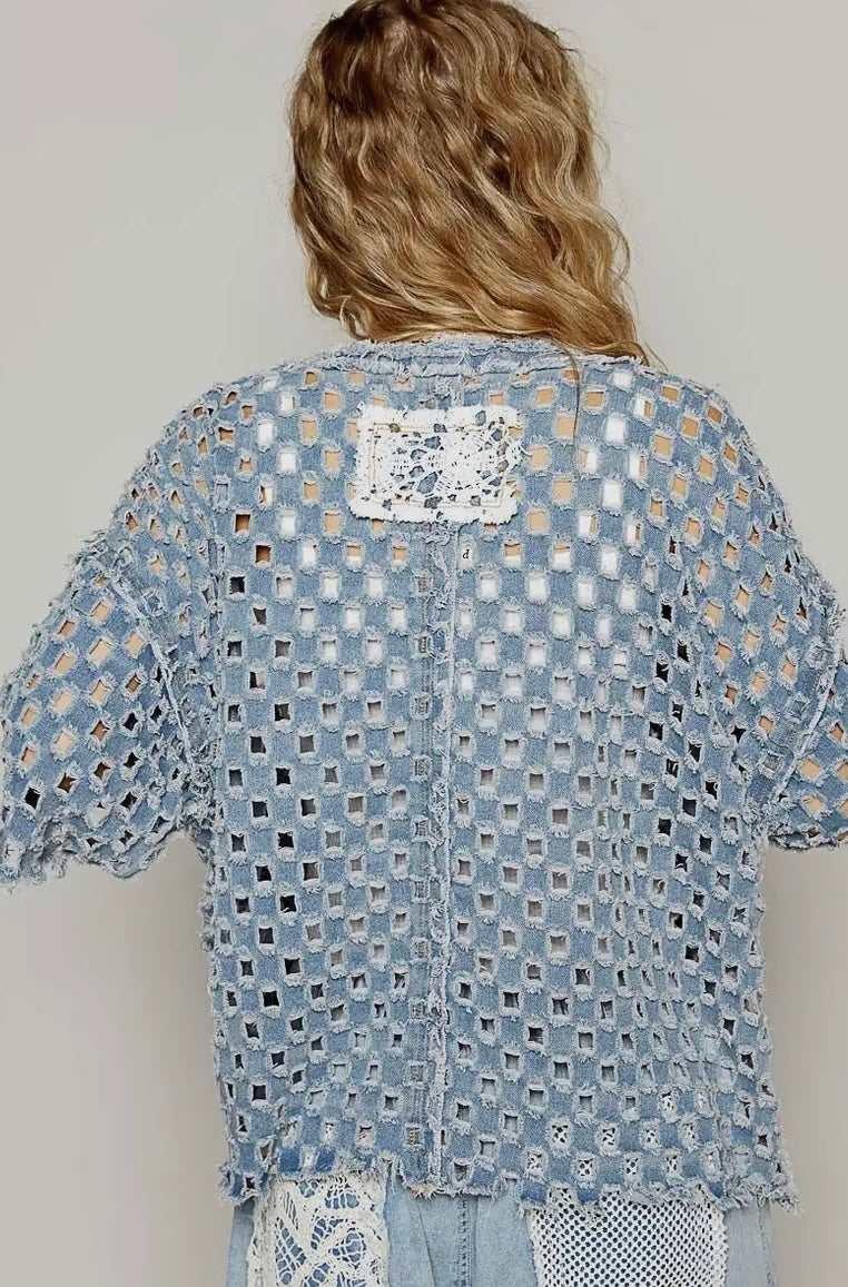 SHORT SLEEVE OPEN WOVEN CARDIGAN