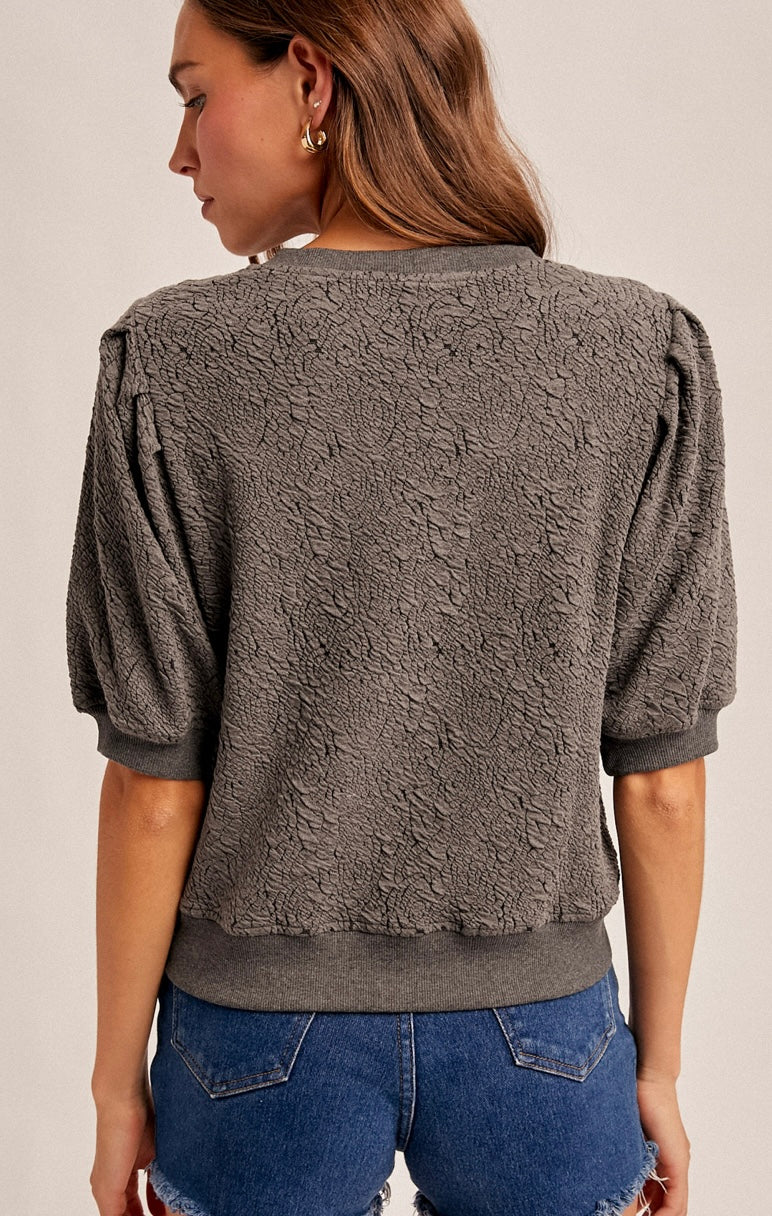 PLEATED SLEEVE FLORAL KNIT JACQUARD SWEATSHIRT