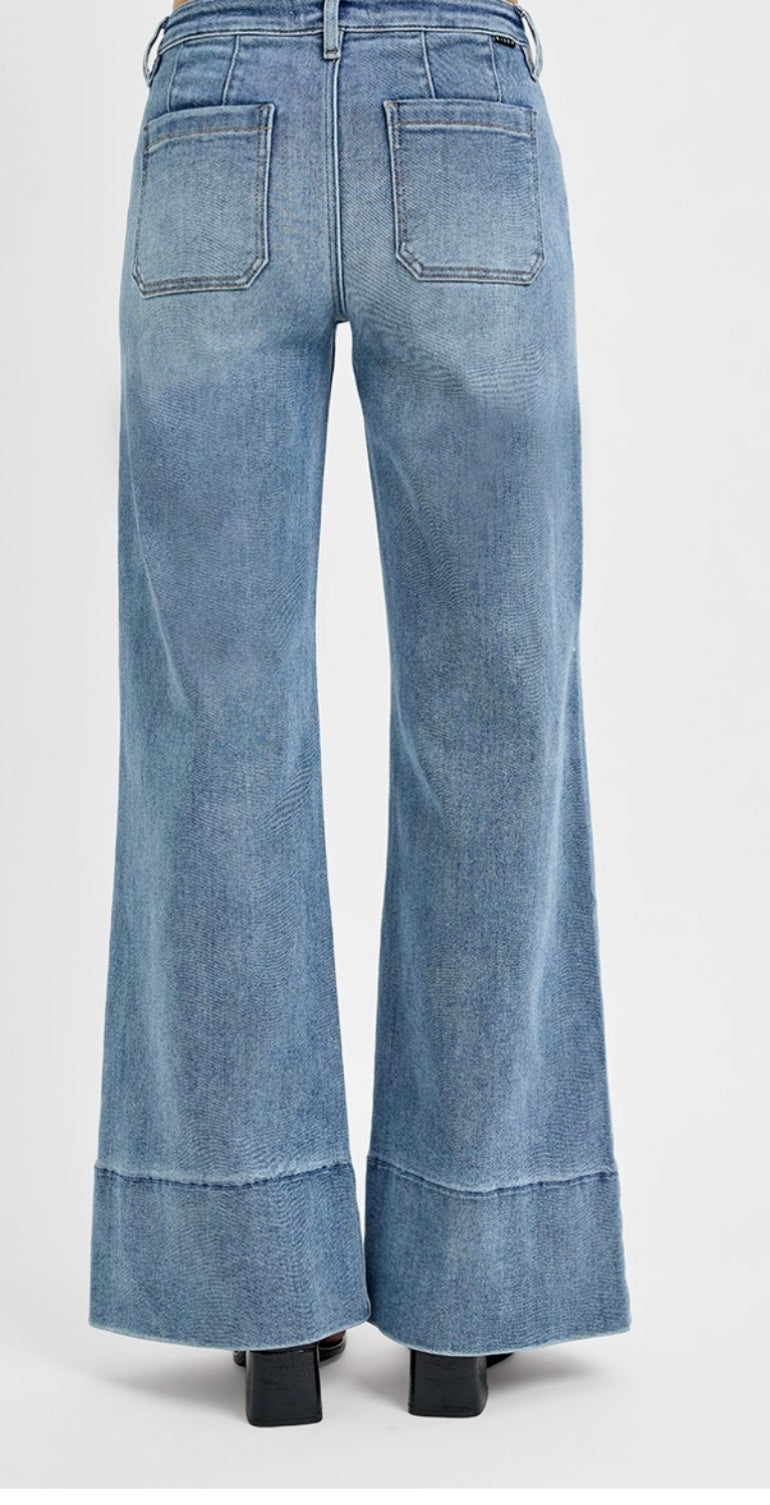 RISEN MID RISE ANKLE WIDE FLARE JEANS