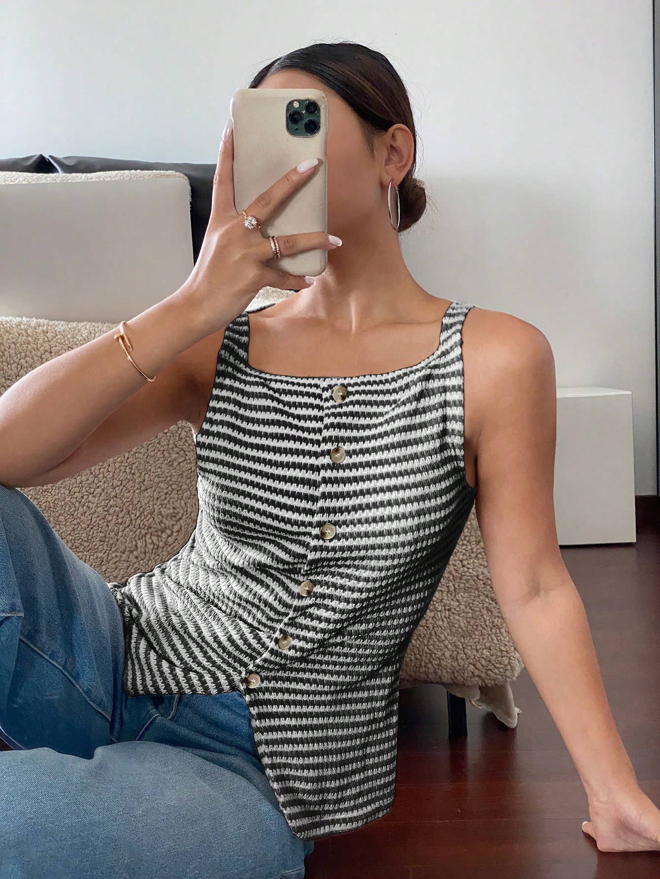 Button-Front Sleeveless Tank Top