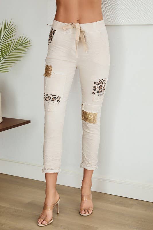 JOGGERS WITH LEOPARD/ SEQUIN PATCHES