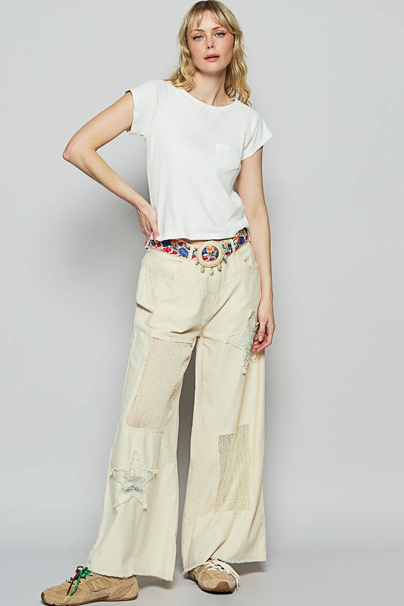 Vintage washed crochet star patch solid pants