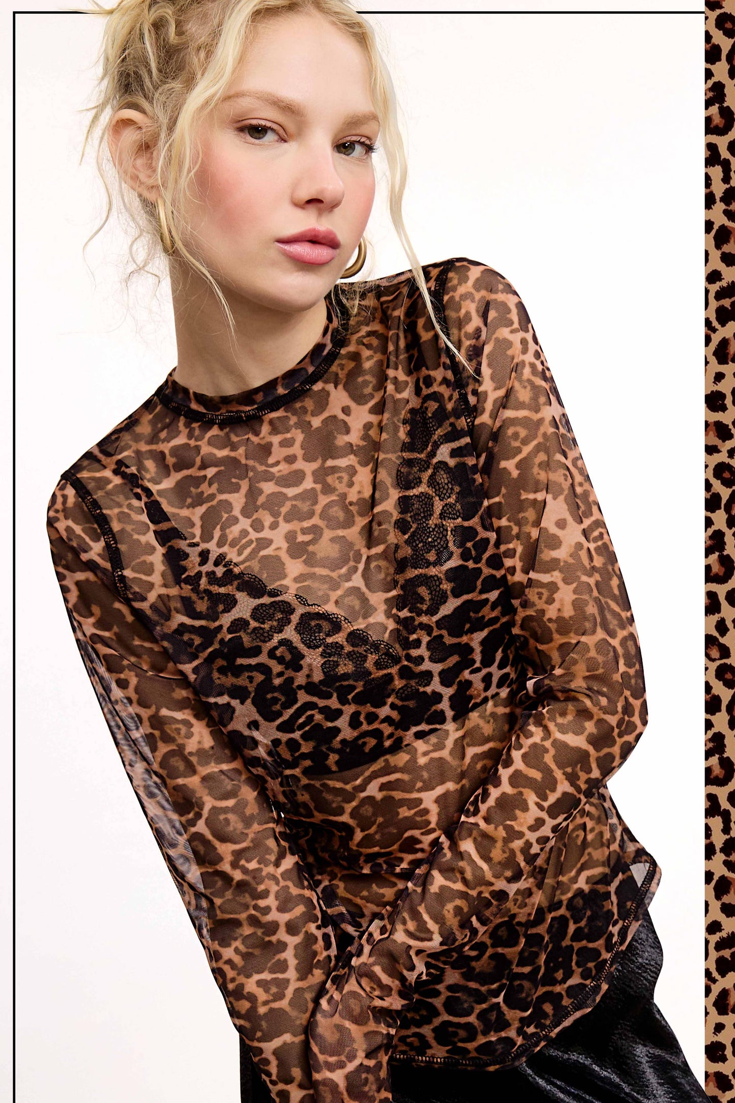 -Semi Sheer Leopard Printed Long Sleeve Mesh Top