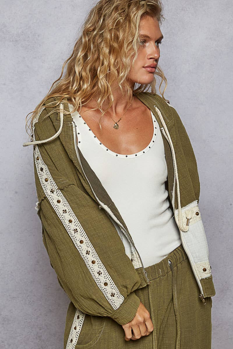 Vintage washing double gauze stud detail hoodie jacket