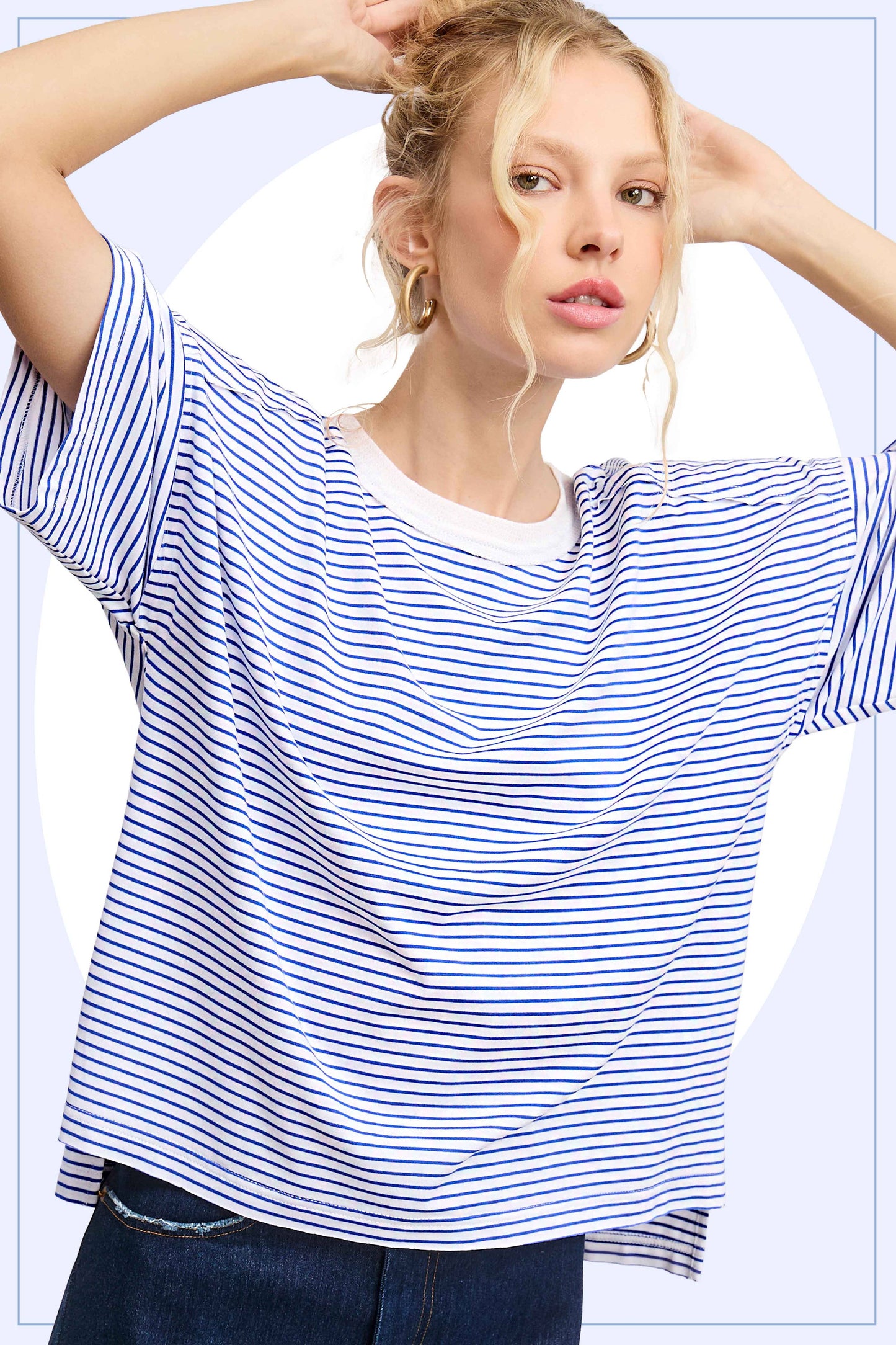 Basic Striped Drop Shoulder Short Sleeves Top