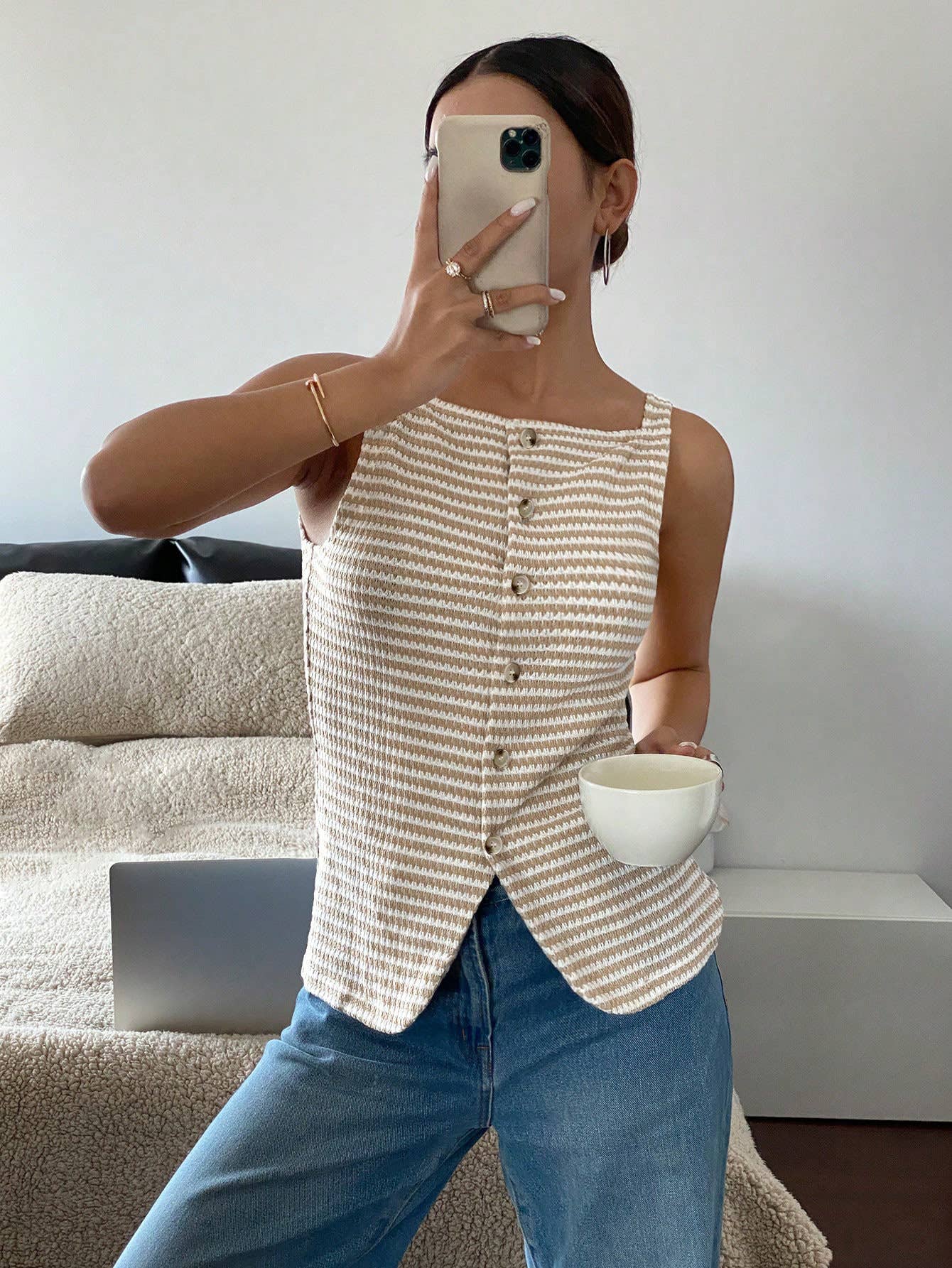 Button-Front Sleeveless Tank Top