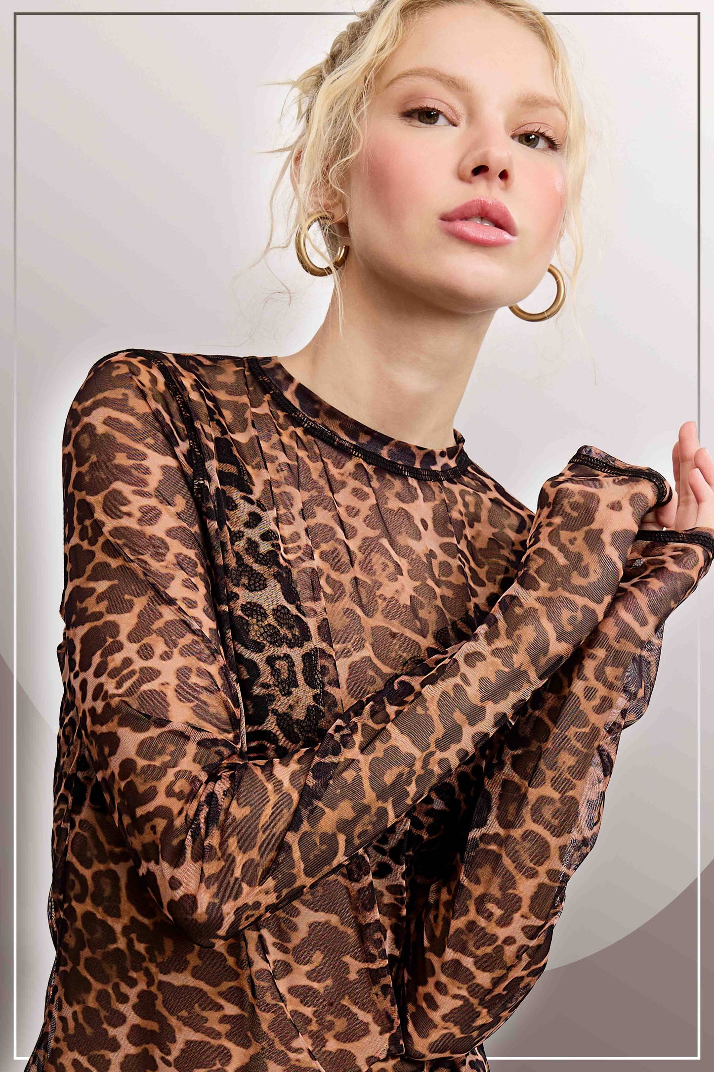 -Semi Sheer Leopard Printed Long Sleeve Mesh Top