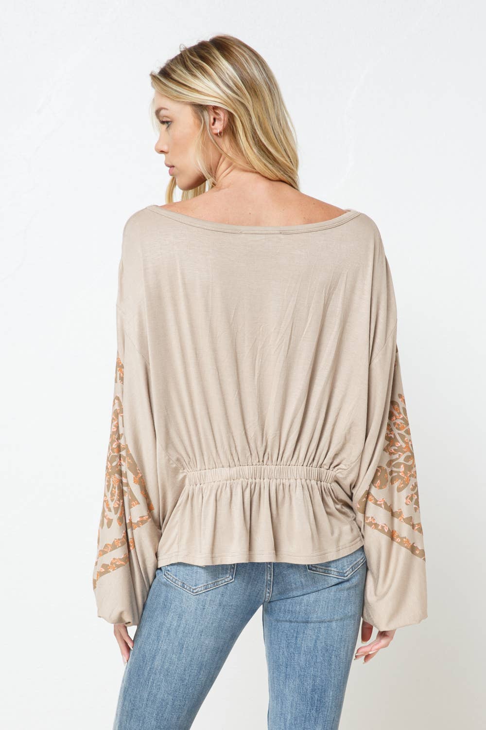 Soft Jersey Shirred Front Printed Dolman Top