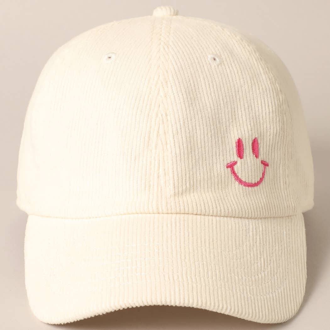 Cute Mini Happy Face Embroidered Baseball Cap-white