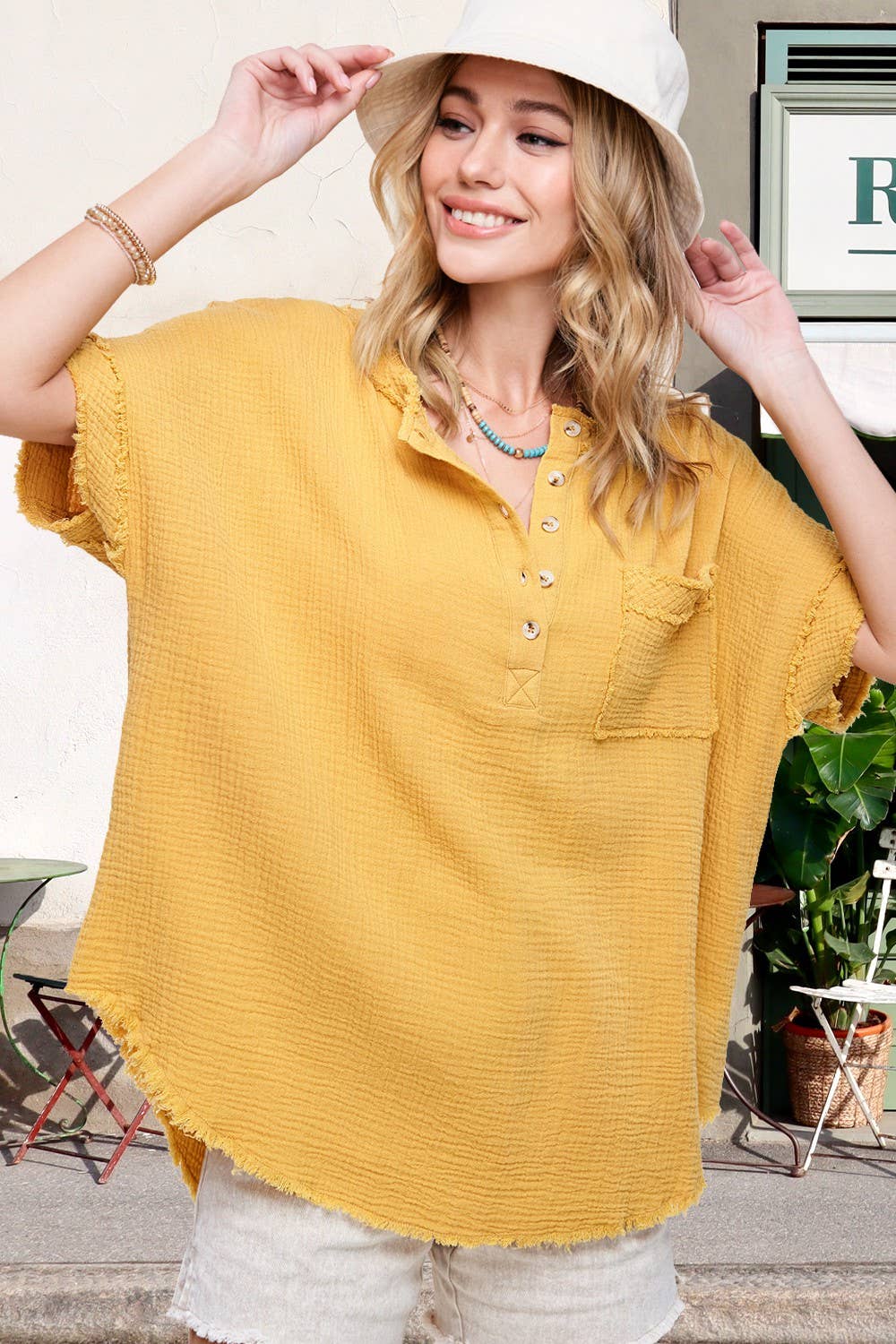 Loose Fit Gauze Button Front Short Sleeve Top