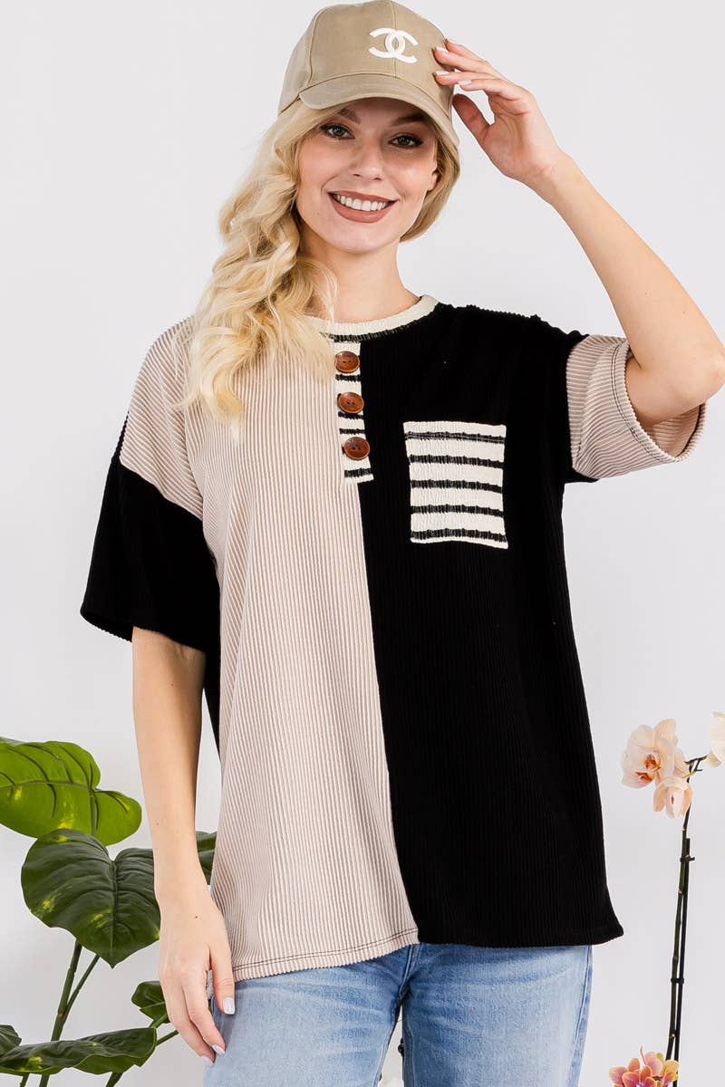 PLUS SIZE CLOTHING RIB COLOR CONTRAST T-SHIRT