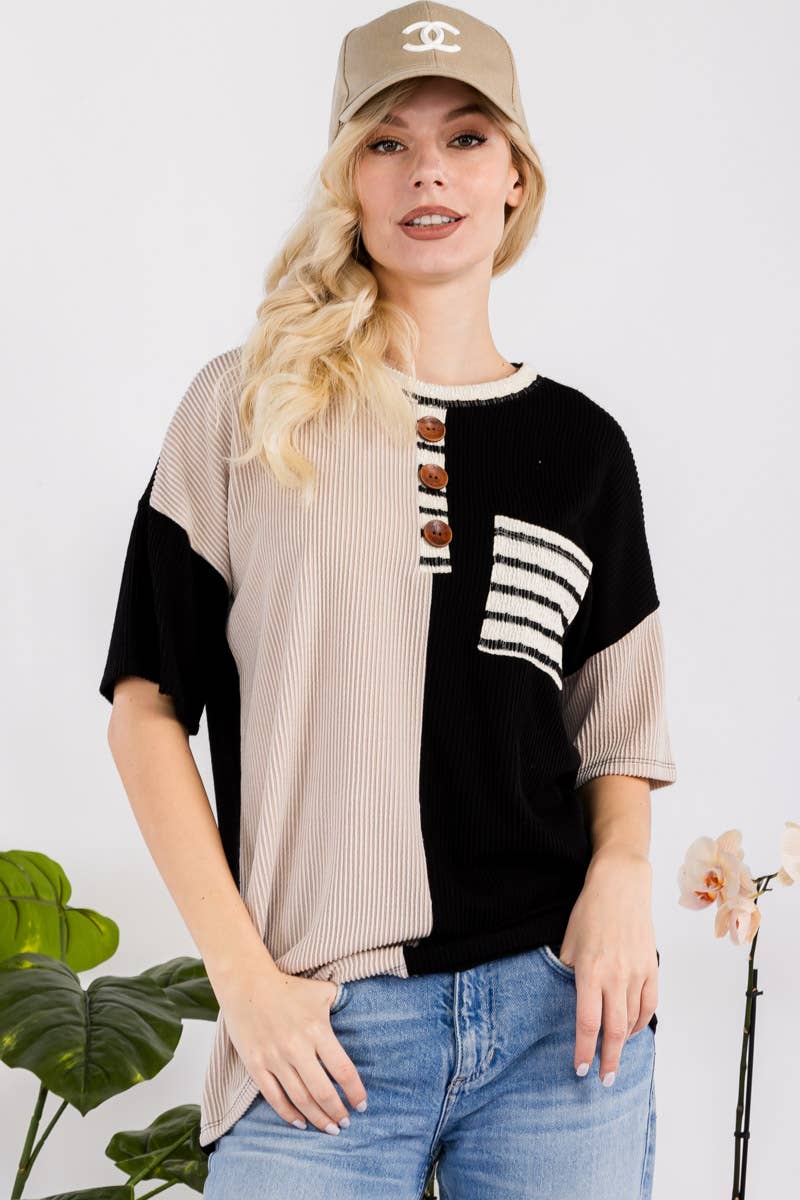PLUS SIZE CLOTHING RIB COLOR CONTRAST T-SHIRT