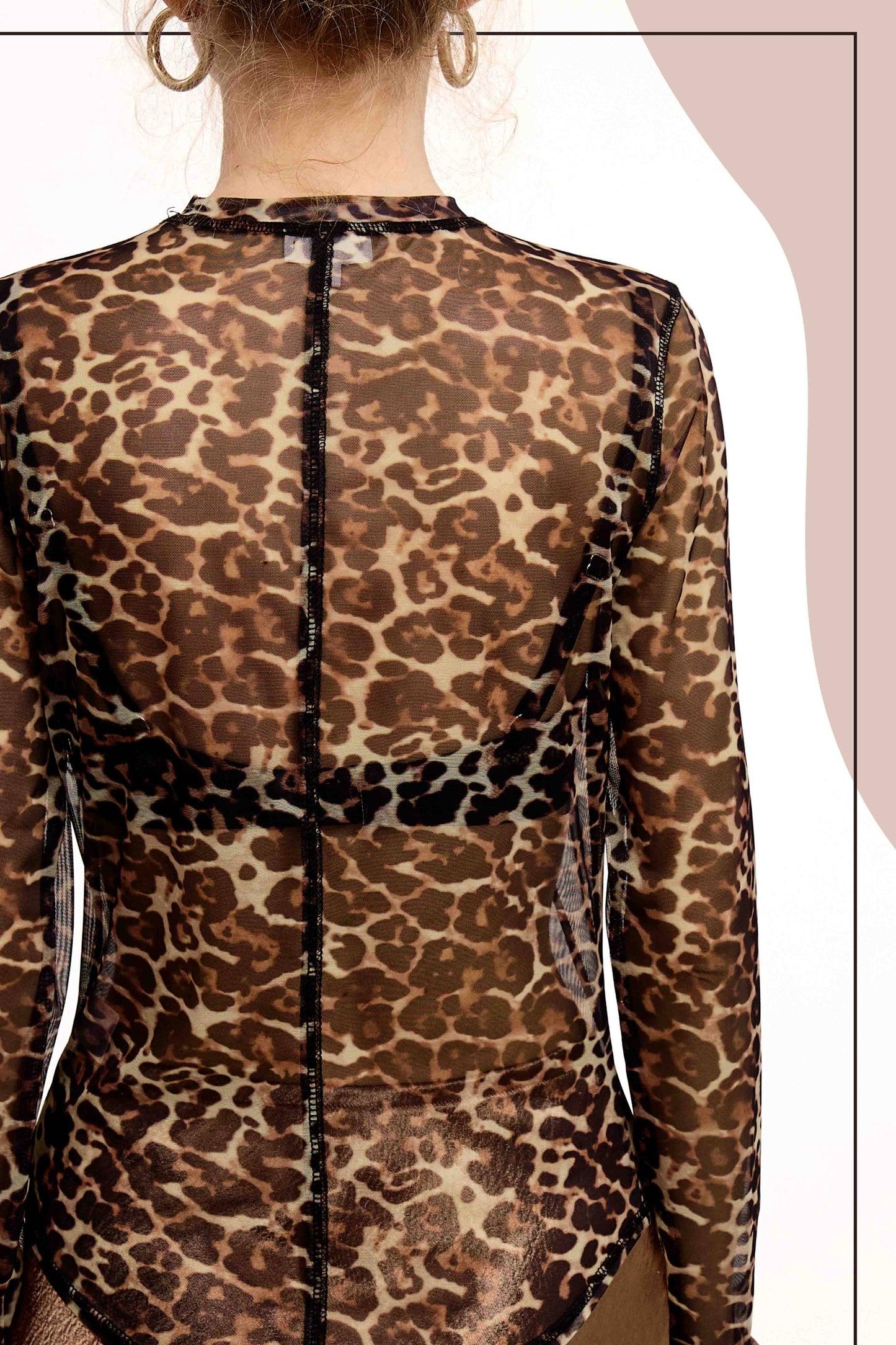-Semi Sheer Leopard Printed Long Sleeve Mesh Top