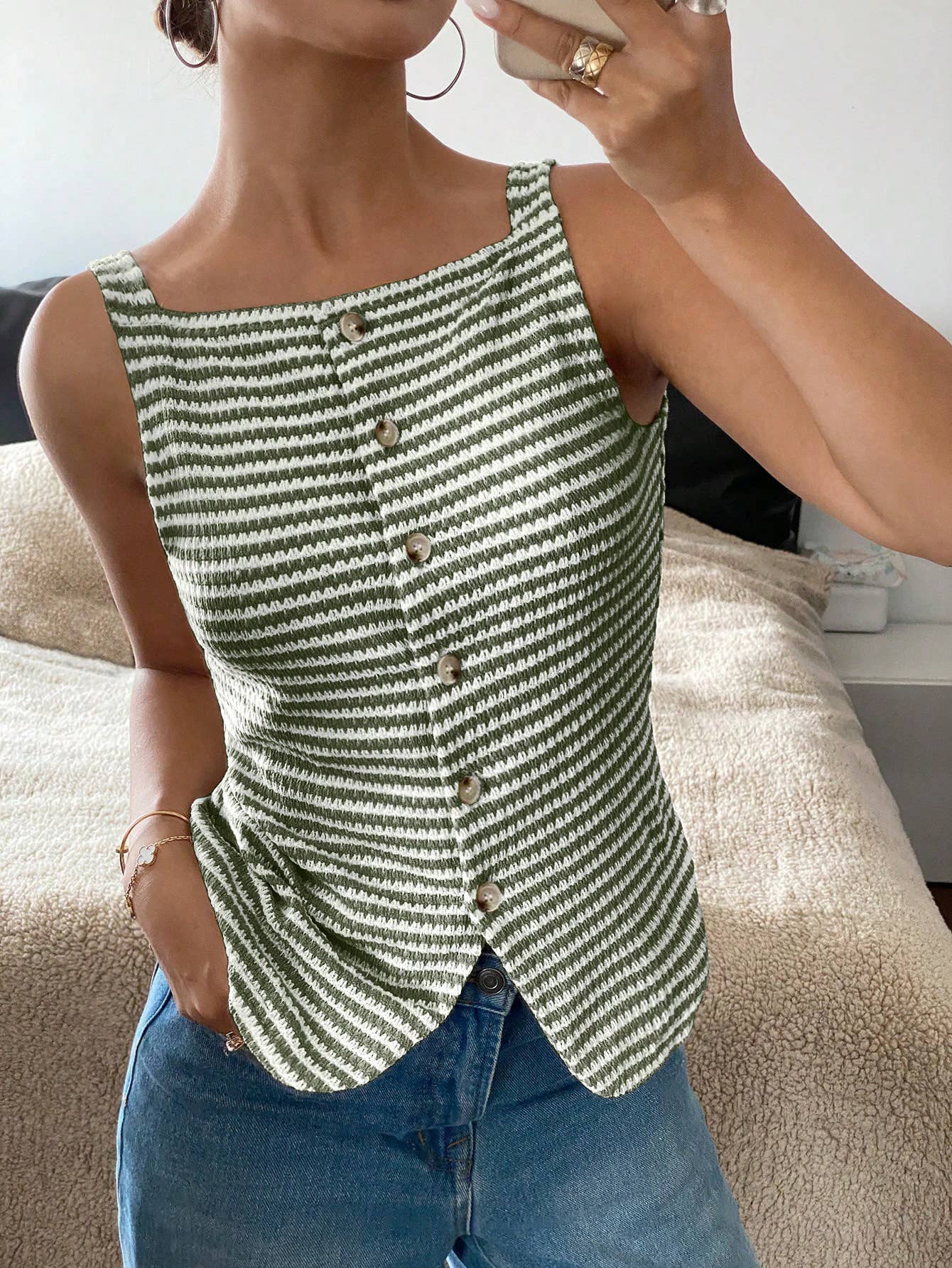 Button-Front Sleeveless Tank Top