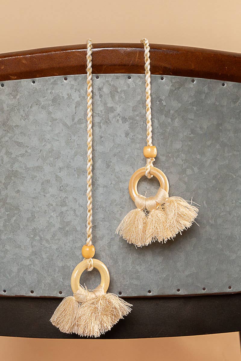 Wrapped wooden ring tassel braided string belt